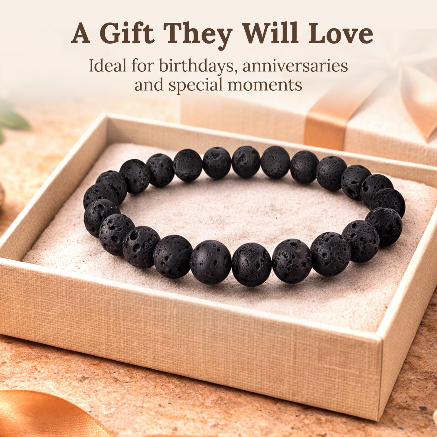 Elm City Direct 8mm Natural Stone Beaded Bracelet – Unisex Crystal Stretch Bracelets for Men & Women, Chakra & Healing Jewelry, Gift-Ready Beaded Bracelets (Lava Rock, 8mm)
