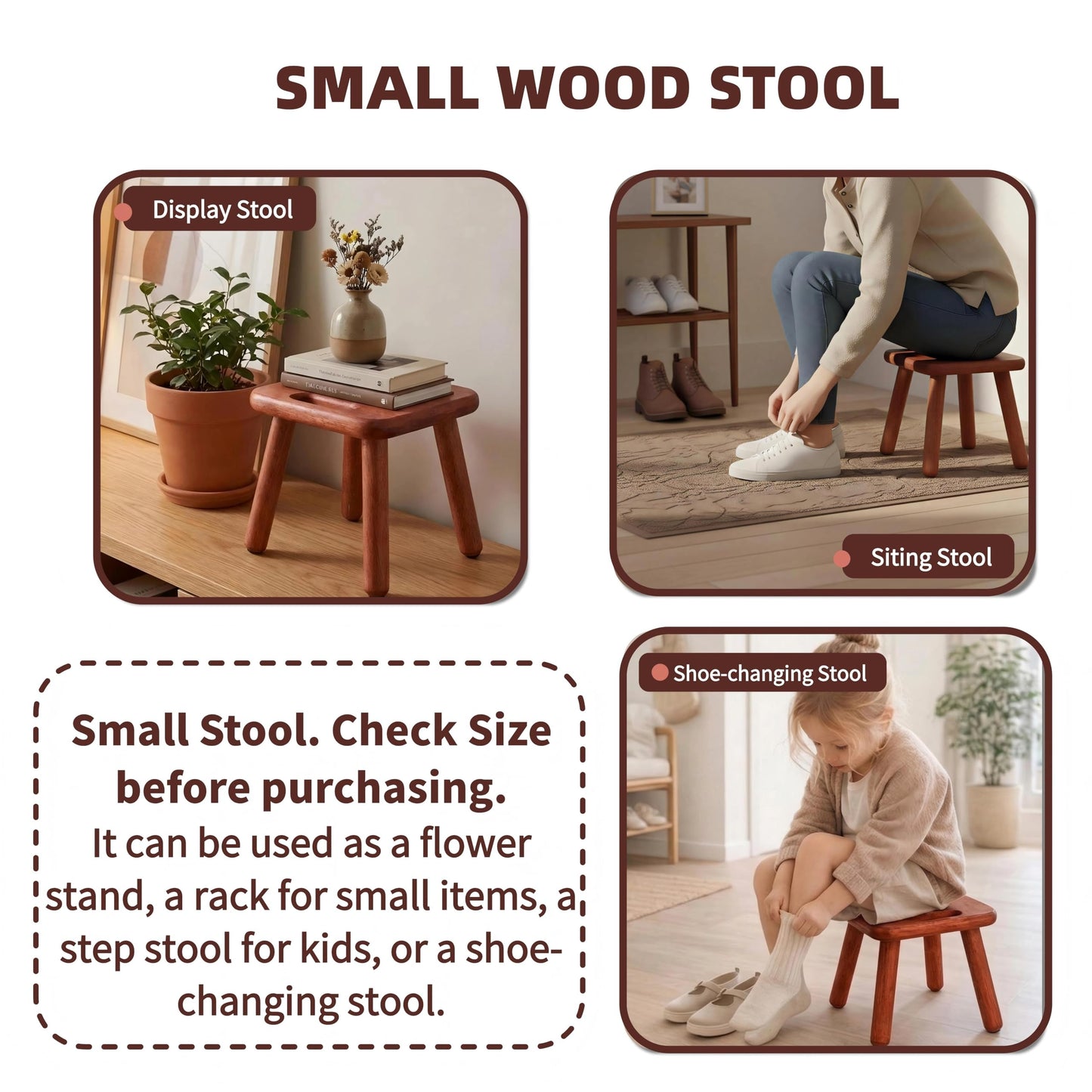 Mezchi 9'' Small Wooden Step Stool with Handle, Non-Slip One Step Stool, Square Portable Footstool, Solid Wood Sitting Stool for Plant, Adult, Kids, Bathroom, Bedroom, Walnut Color