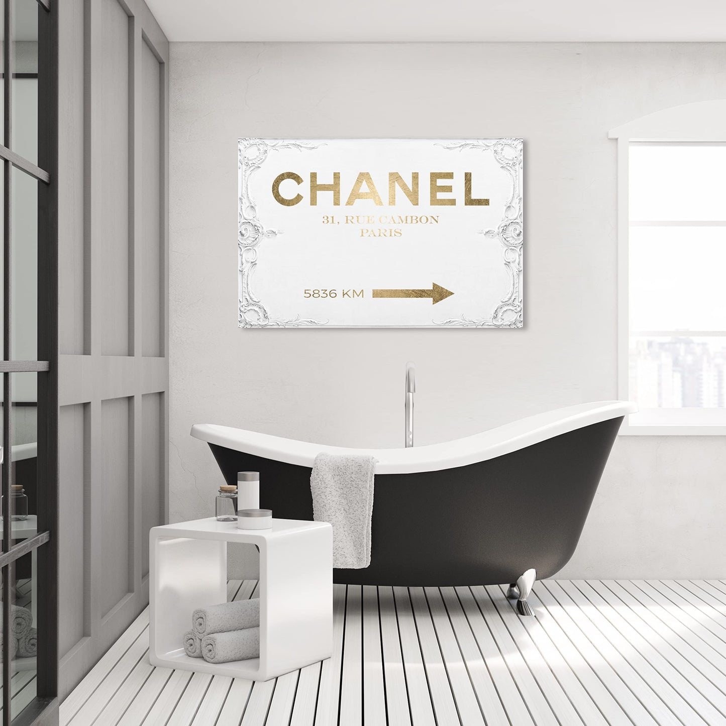 The Oliver Gal Artist Co. Typography and Quotes Contemporary Canvas Art - Couture Road Sign Rococo Gold, Wall Art for Living Room, Bedroom, and Bathroom, 45 in x 30, White and Gold Home Decor