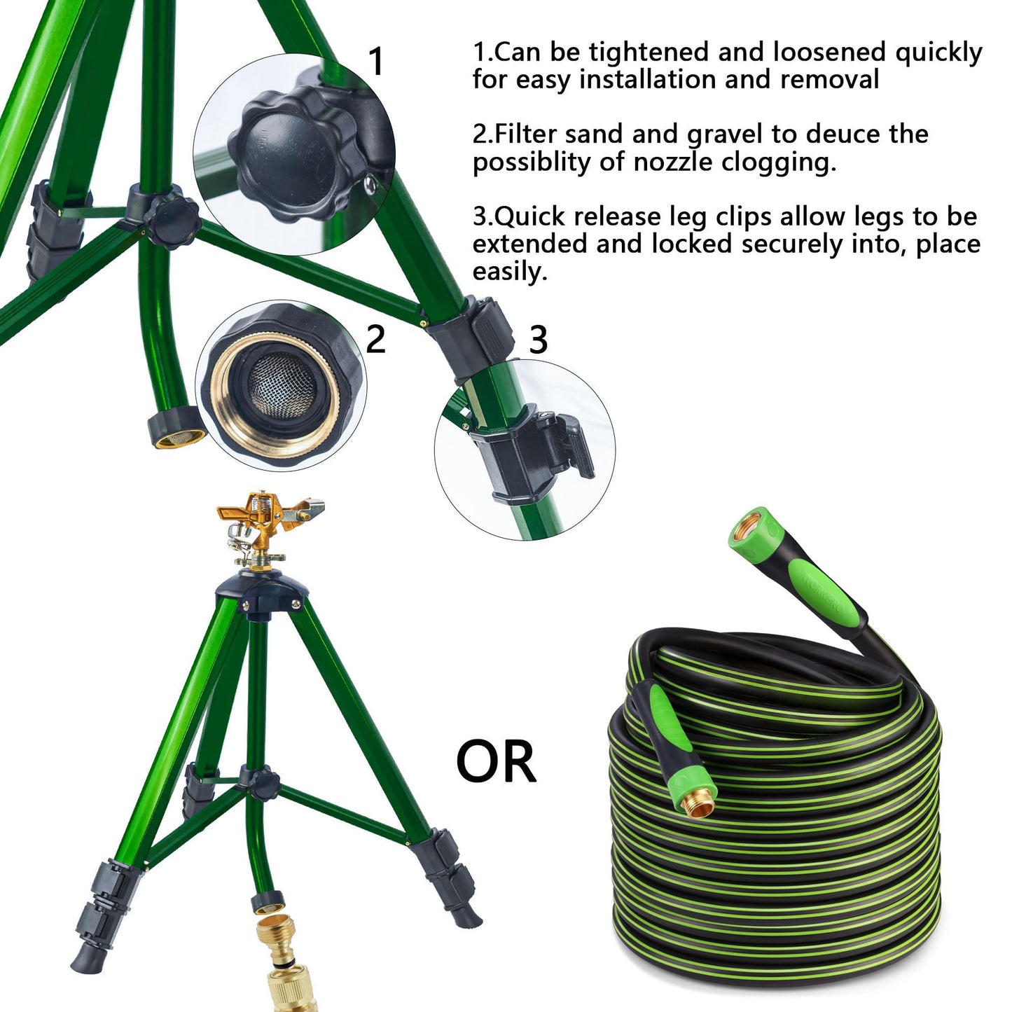 Wexo Palindrog Impact Sprinkler on Tripod Base, Heavy Duty Adjustable Zinc Sprinkler Head for Lawn Yard Garden, 360 Degree Large Area Irrigation, 3/4" Connector Extension Legs Flip Locks, 2 Pack