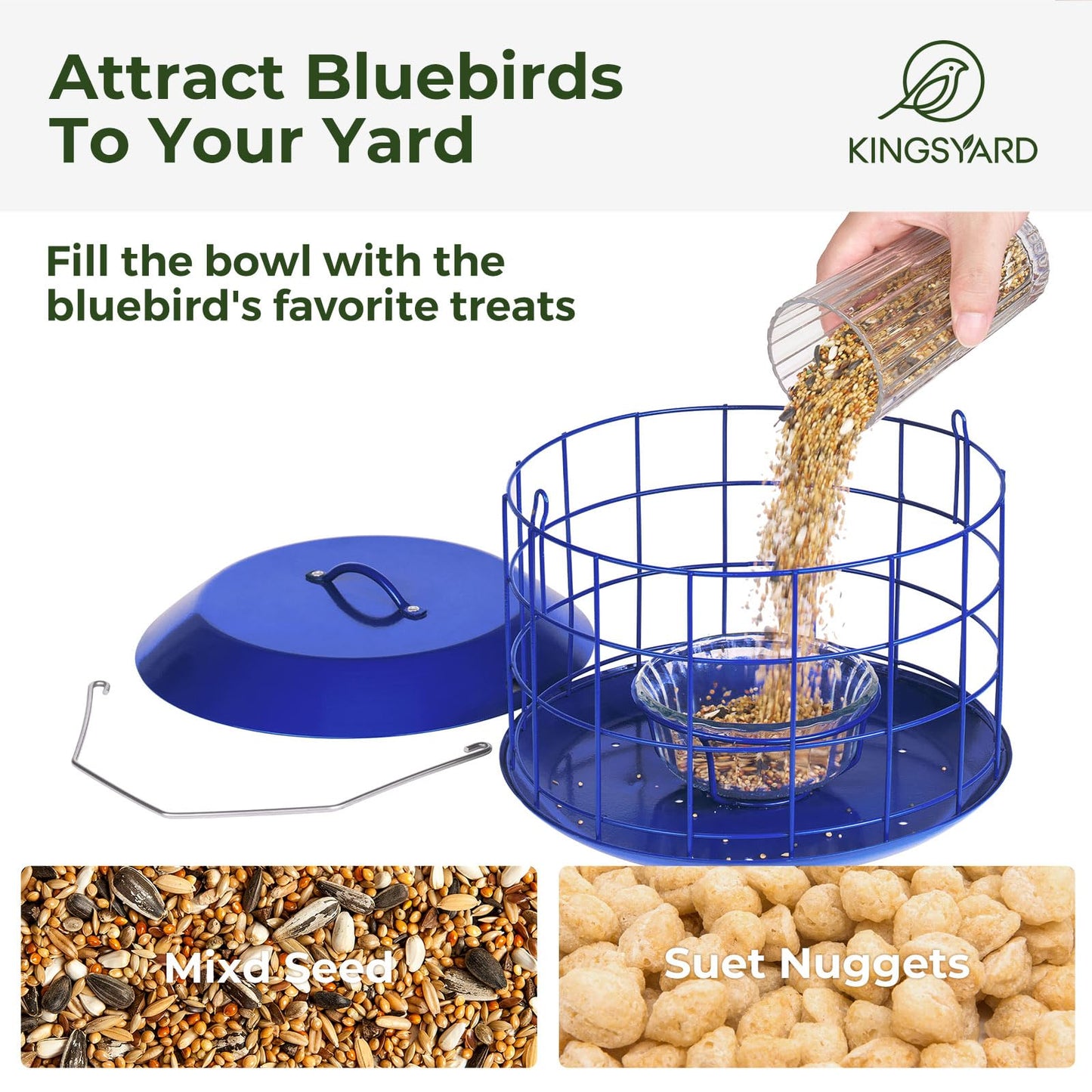 Kingsyard Bluebird Feeders for Outdoors Hanging, All Metal, Cage Mealworm Bird Feeder with Tray, Squirrel Proof & Weatherproof, Easy to Refill & Clean (Blue)