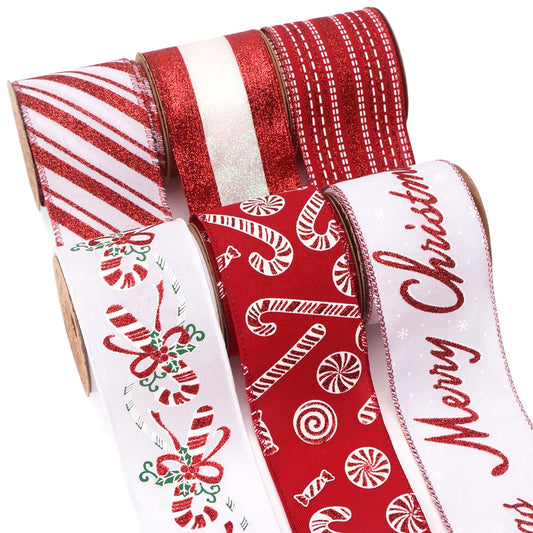 Ribbli Christmas Ribbon Wired Red White Christmas Tree Ribbon Candy Cane Glitter Burlap Ribbons for Topper Bow Crafts Gift Wrapping Wreaths Garland Home Decor -2.5 Inch x 6 Rolls Total 30 Yard