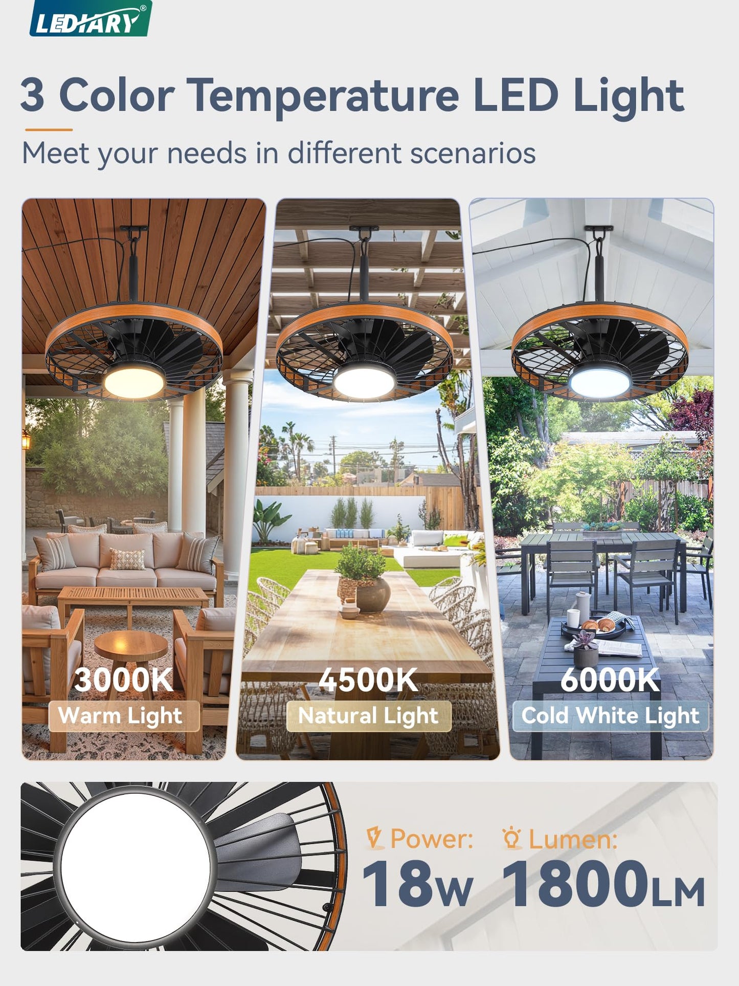 LEDIARY Outdoor Ceiling Fans with Lights, IP65 Waterproof Gazebo Fan with Hanging Hook,6 Speeds, 3CCT, 20 Inch Wet Rated Plug in Ceiling Fan for Patios,Porch, Pergola,Canopy, Brown