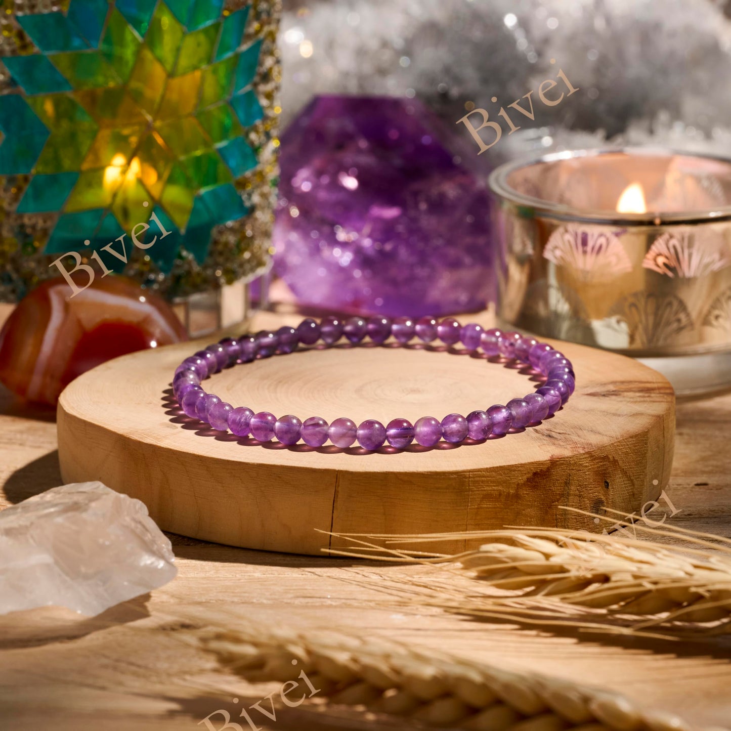 Bivei Amethyst - Calms - 4mm Beaded Bracelets for Women Handmade Semi Precious Natural Stone Stretch Elastic Jewelry Yoga Protection Gifts Small