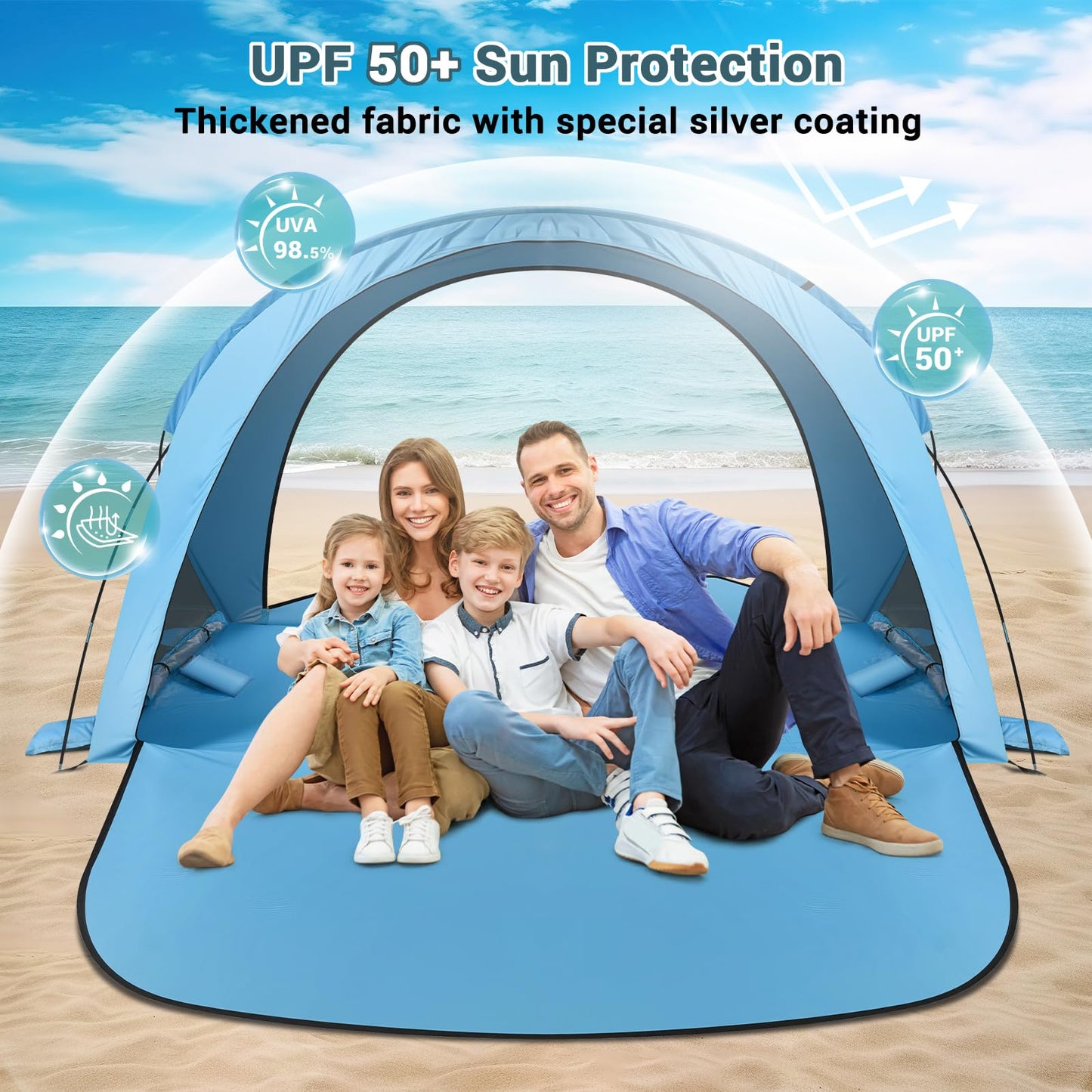 AugFir Beach Tent Sun Shelter, Beach Tent with Beach Mat Set, 4 Person Portable Beach Shade Canopy with UPF 50＋ UV Protection, Dual-Door Ventilation Design, Easy Setup Family Beach Umbrella (Blue)