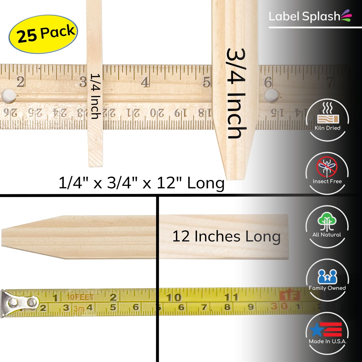 25 Pack 12" Wood Stakes for Garden Marking Survey Grading Paint Stirring Stick Model Building Shim Landscaping Plant Support and Crafts 12 Inch Made in THE USA by LABELSPLASH