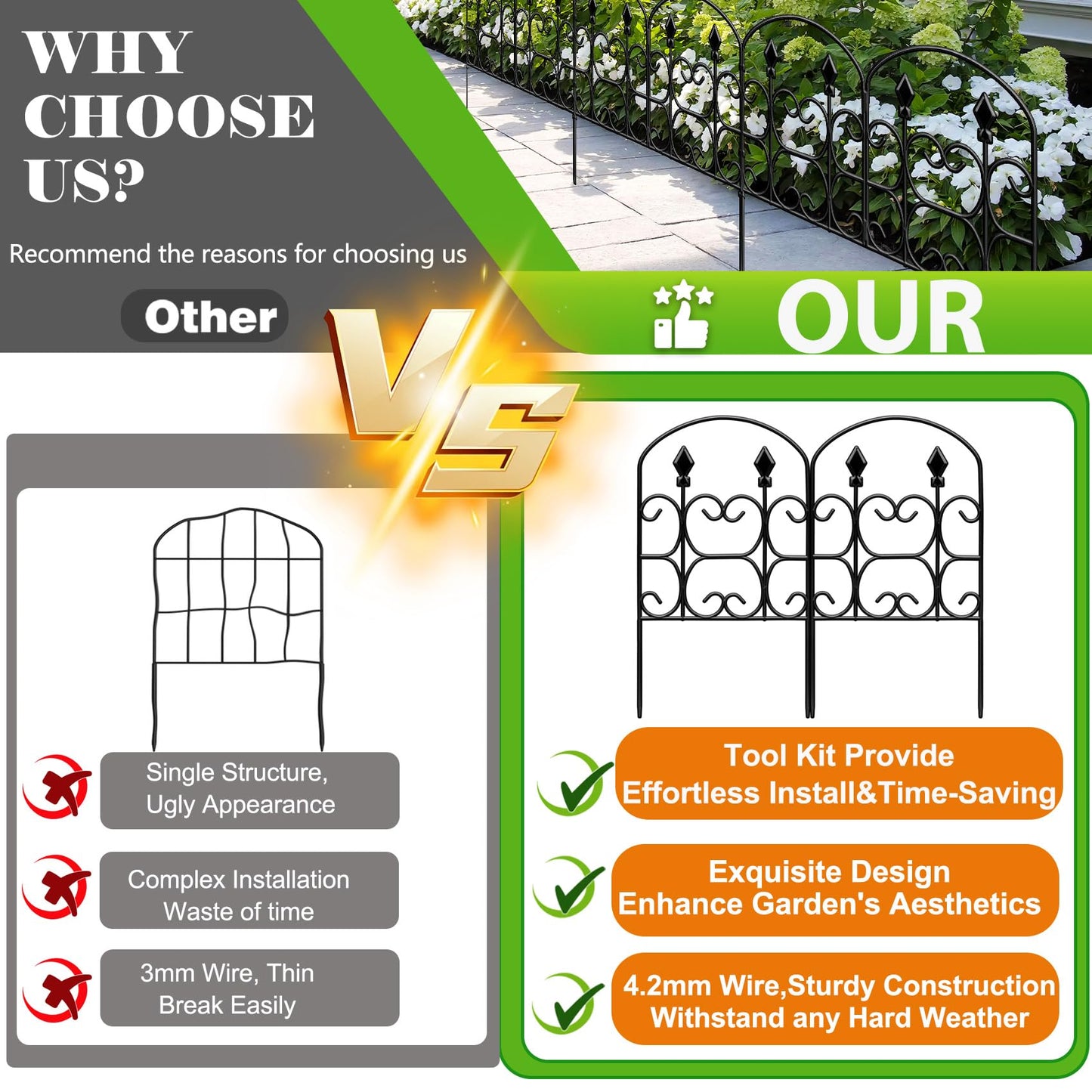 QIAOKAIYAN 24in(H) x 10.83ft(L) Decorative Garden Fence - Tall Garden Fence Animal Barrier 10 Pack Metal Fence Border Black No Dig Fence Panels Garden Fencing Border for Landscape Patio Yard Outdoor