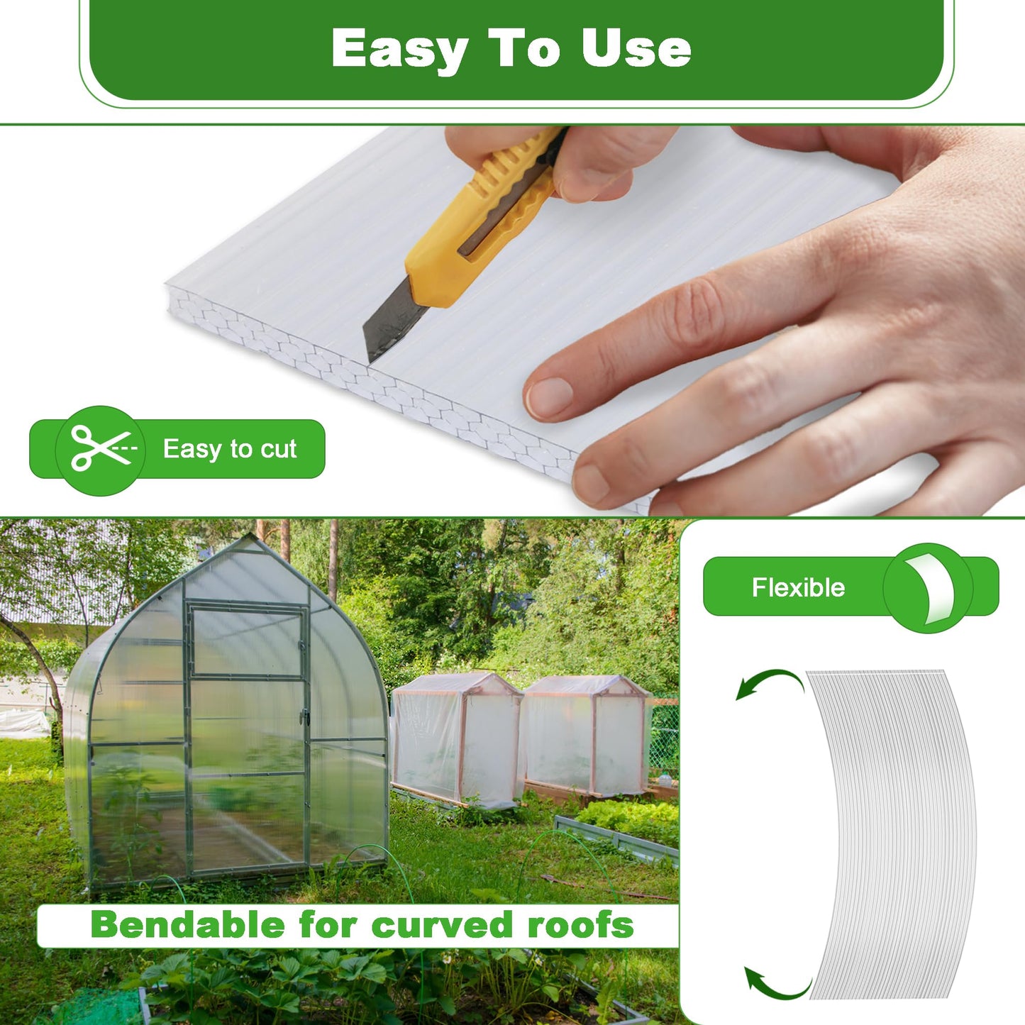 Quibbay 6PCS Polycarbonate Greenhouse Panels, 4' x 2' x 0.32'' Three-layer Honeycomb Panels Polycarbonate Sheet, Clear Waterproof UV Protected Corrugated Plastic Roof Panels for Greenhouse Replacement
