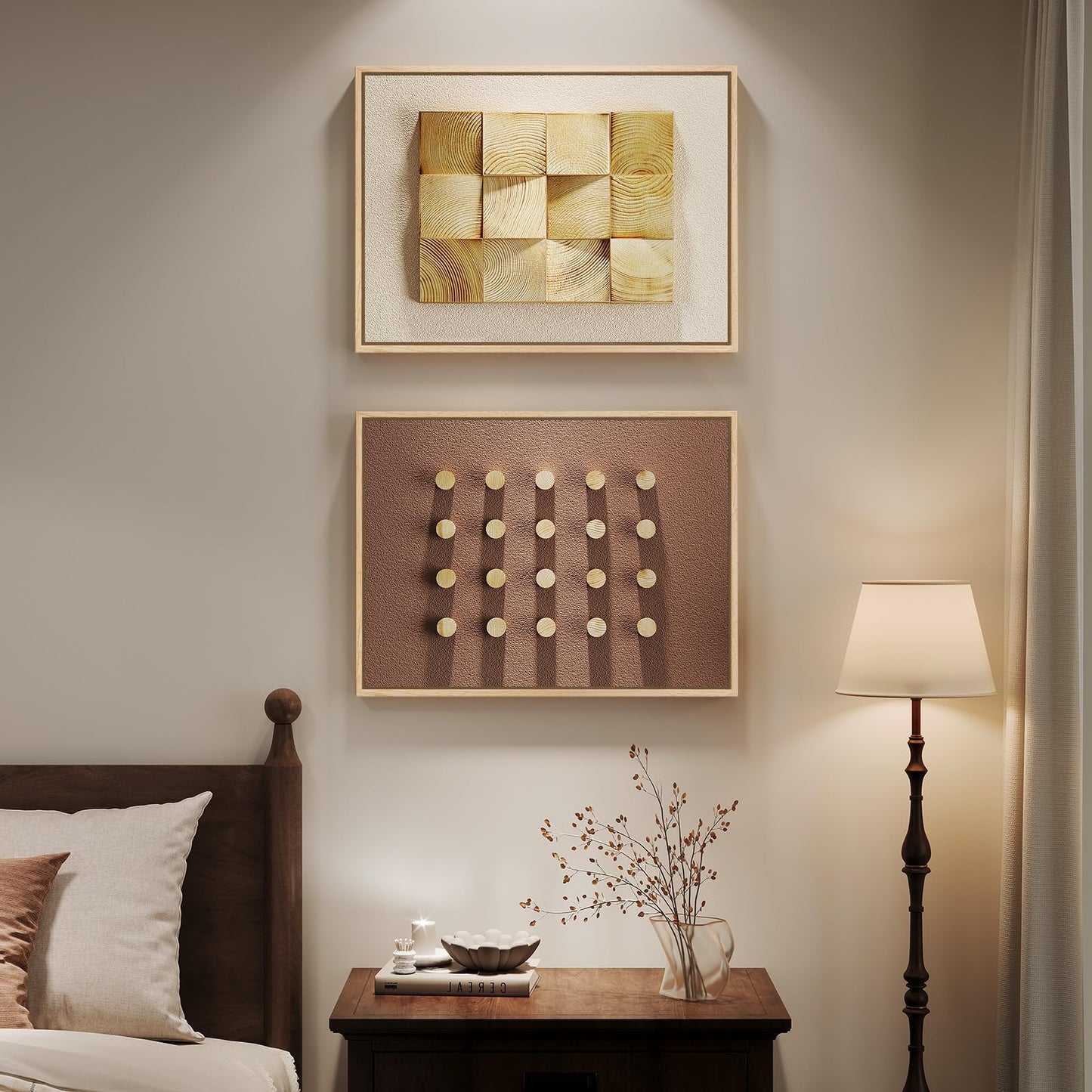 Large Framed Wood Wall Art Set of 2, 3D Minimalist Neutral Geometric Wooden Wall Decor, Modern Beige Brown Textured Paintings Artwork for Living Room, Hallway, Dining Room, Bedroom, Office