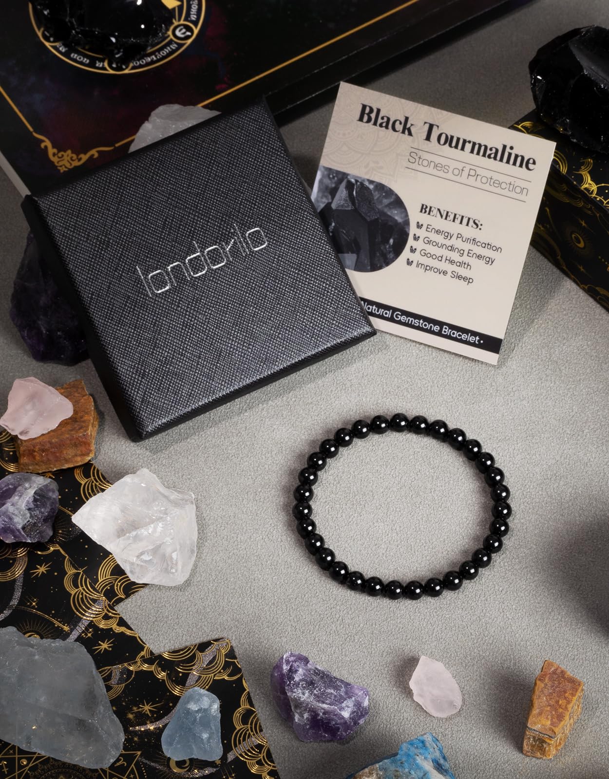 Landorilo Beaded Bracelet for Men Women, 6mm Natural Stone Black Tourmaline Healing Crystal Stretch Bracelets, Ideal Christmas Birthday Jewelry Gifts with Energy Card，Replacement Beads Included