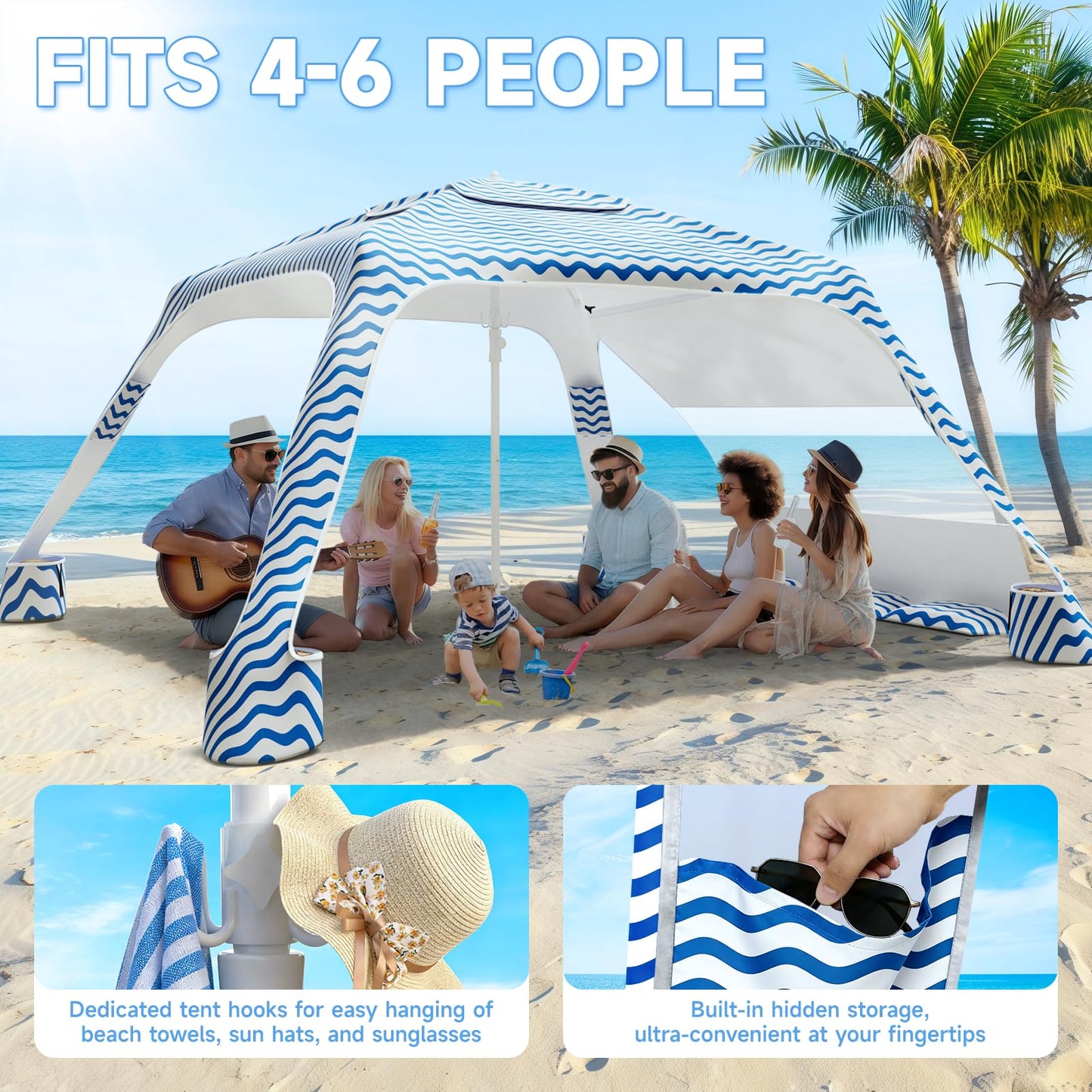 Beach Cabana with 4-Corner, UPF50+ Beach Canopy, Adjustable Height Beach Tent Sun Shelter, Sun Umbrella with Removable Side Wall, Shade Sun Shelter for Beach, Garden, Camping (Wave Pattern)