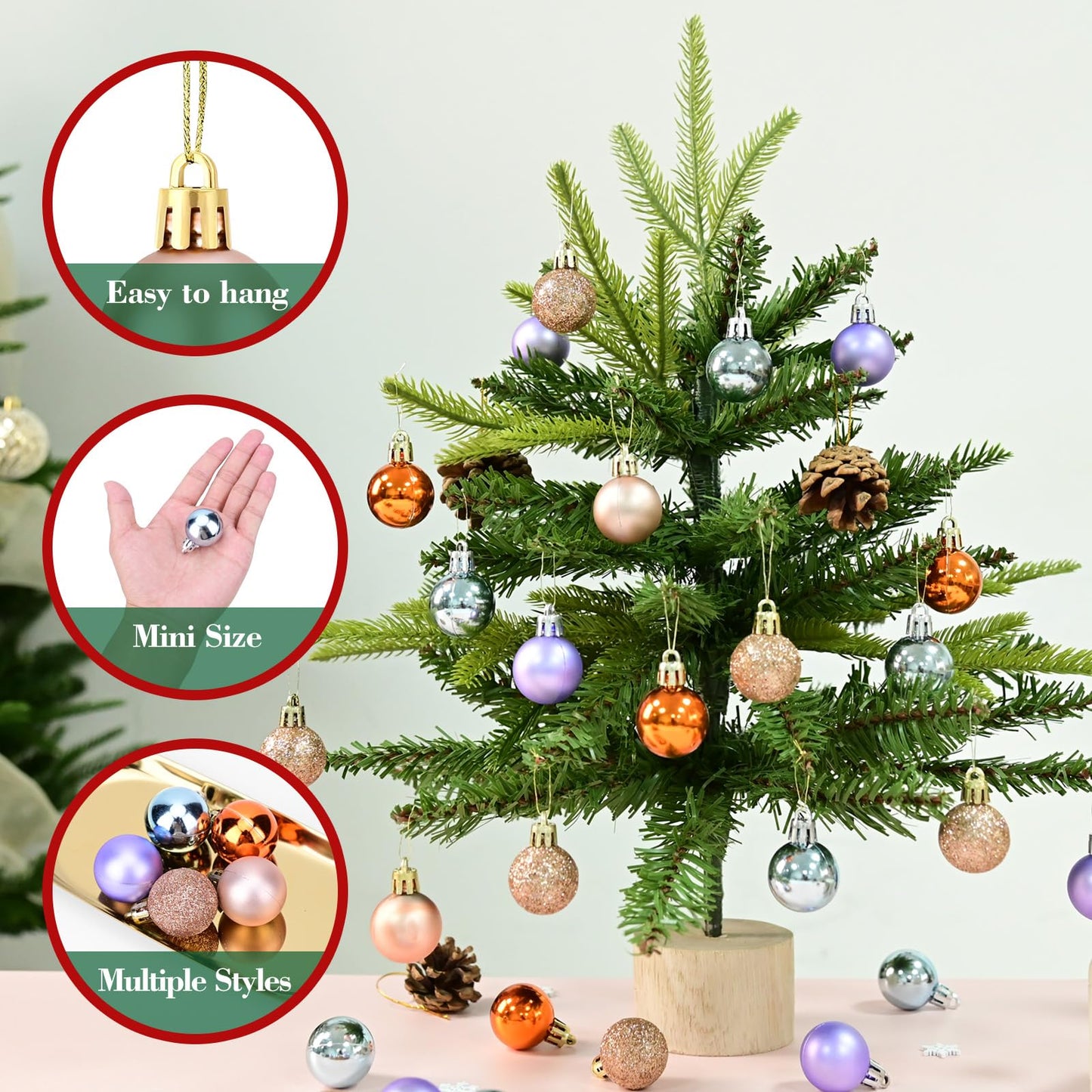 49PCS Mini Christmas Balls Ornaments Set - 3cm/1.18” Small Christmas Tree Ornaments for Mini Tree Decorations, Shatterproof Hanging Ball Bulk for Xmas Holiday Wreath Decor