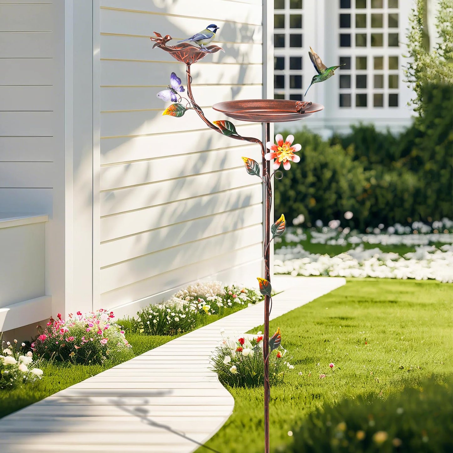 MUMTOP Bird Baths and Feeder for Outdoors, 55 inch Height Metal Birdbath Antique Garden Bird Feeder with Metal Stake for Garden Outside Yard Lawn Decorations, Copper