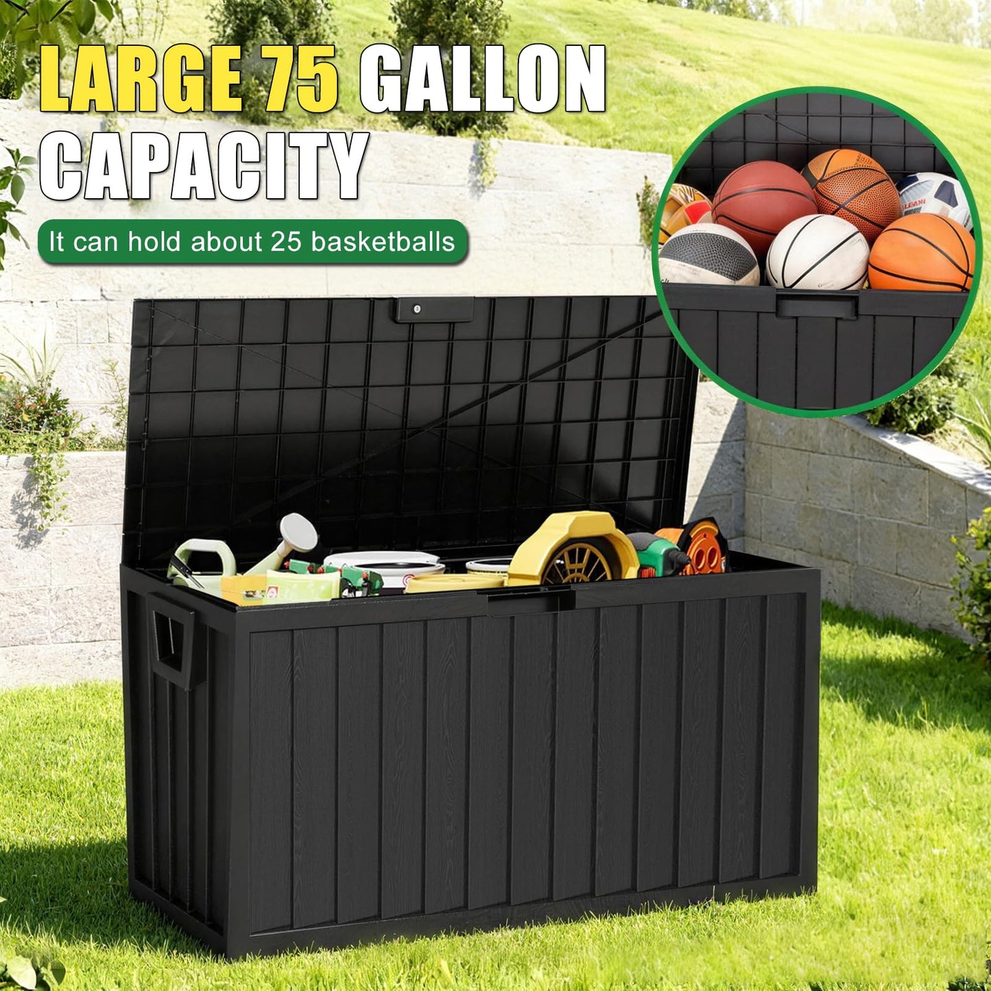 ZEUKMXOO 75 Gallon Outdoor Storage Box Waterproof,350LBS Lockable Patio Storage Box for Patio Cushions,Garden Tools and Tools Storage,Outside Storage Box-Black