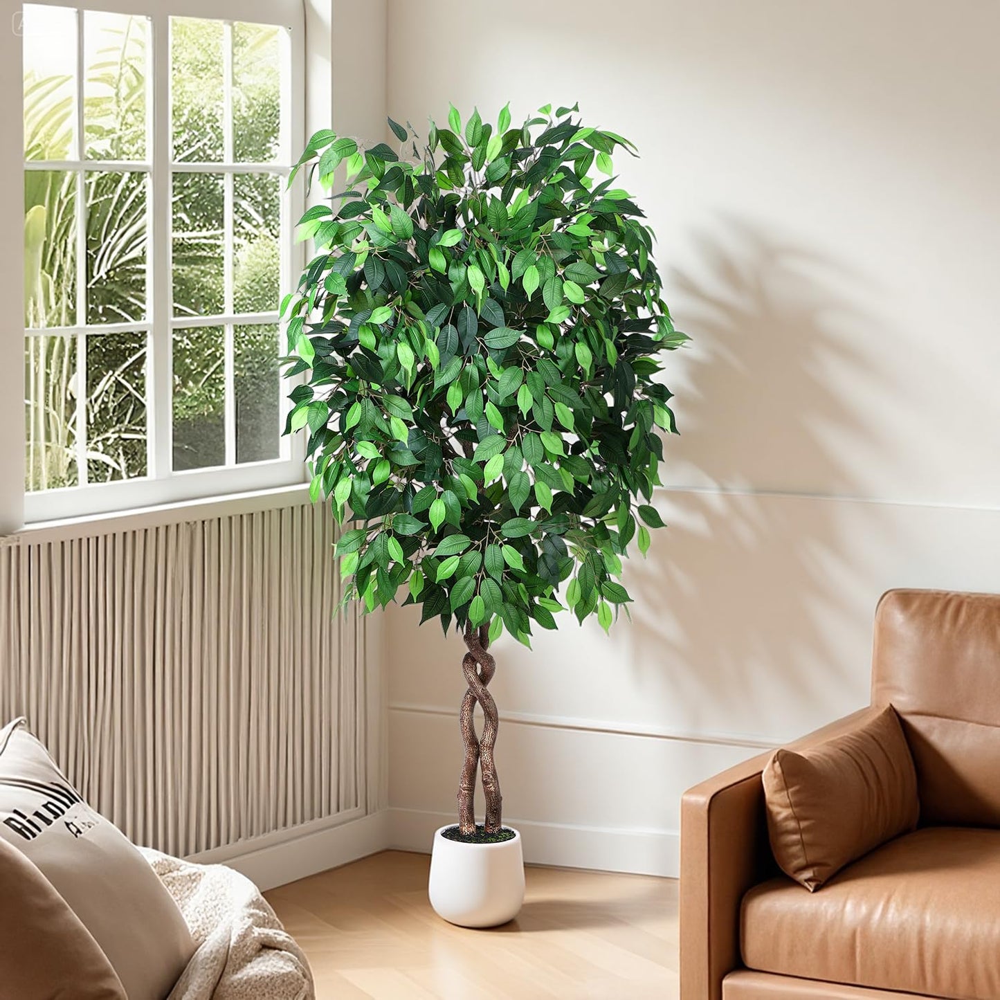 Jocoevol 6FT Artificial Ficus Tree, Tall Faux Trees Indoor with White Planter, Dried Moss, Natural Silk Leaves & Trunk, Fake Plants for Home Living Room Office Corner Decor Housewarming Gift