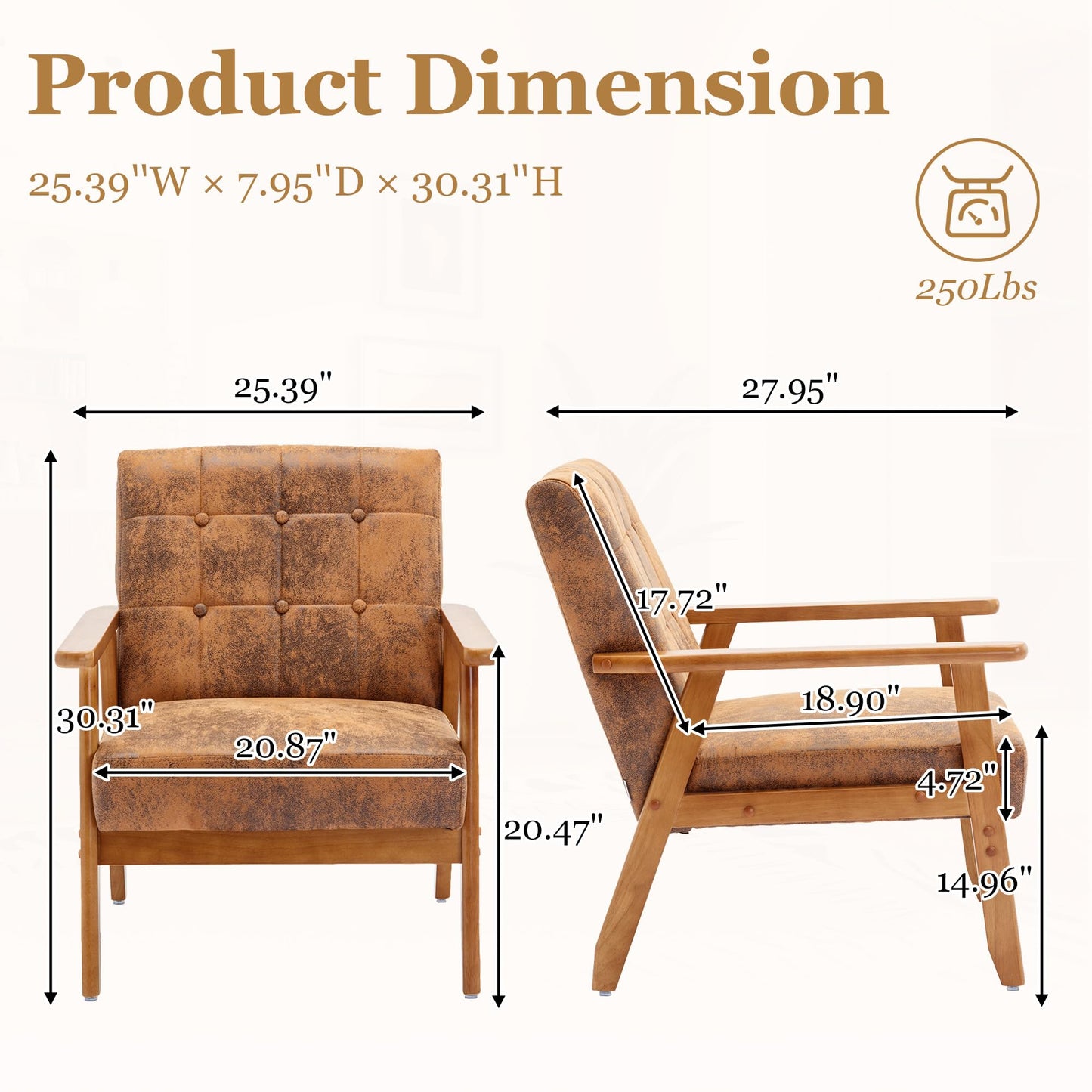 Kayflora Modern Accent Chair, Mid-Century Linen Armchair with Solid Wood Armrests, Button-Tufted Comfortable Cushioned Reading Chairs for Living Room, Bedroom (Coffee