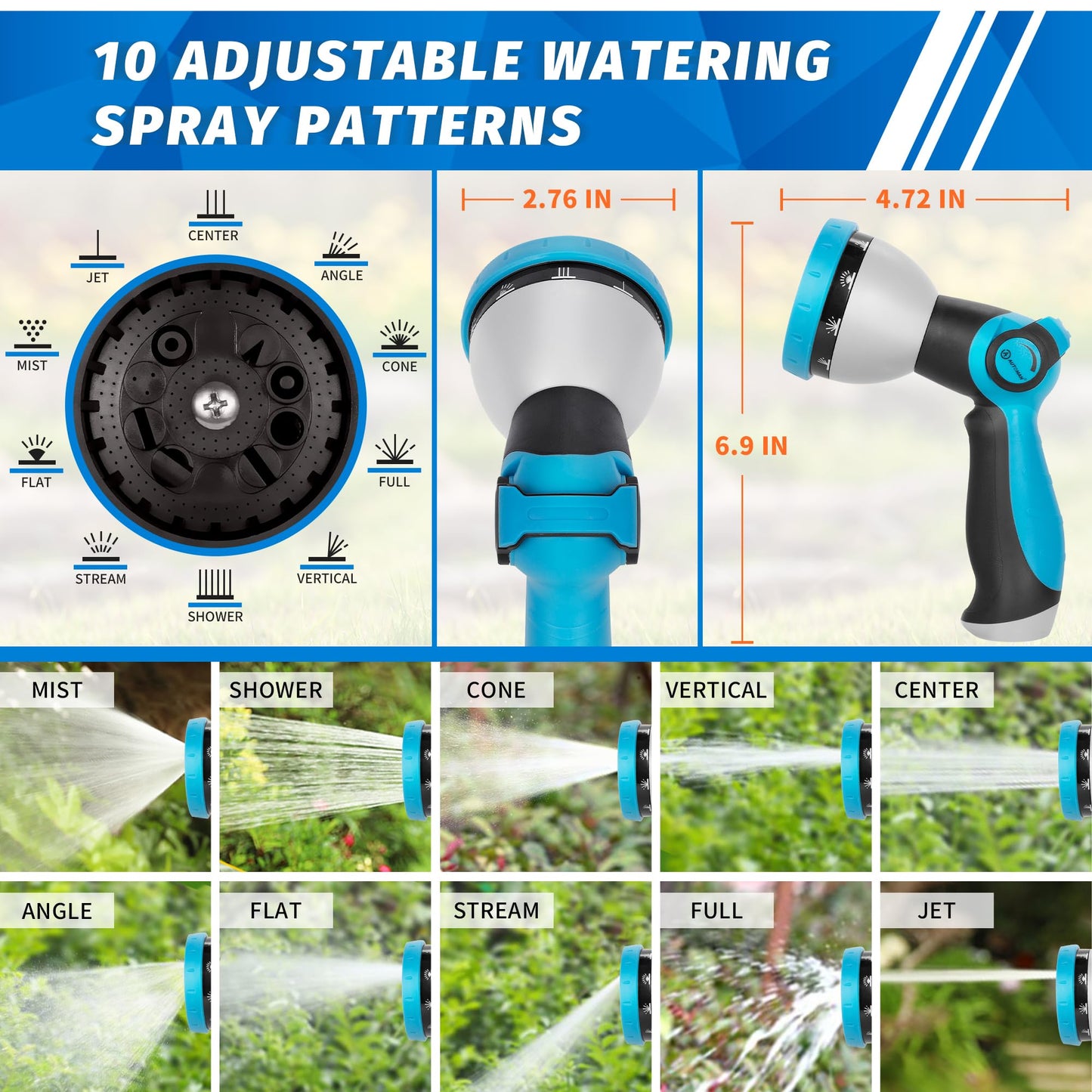 AUTOMAN Garden Hose Nozzle - 10 Adjustable Spray Patterns, Thumb Flow Control Hose Sprayer, Water Hose Spray Nozzle for Plants Watering, Car Washing, Window Cleaning, Pets Bathing, Outdoor Fun, Blue