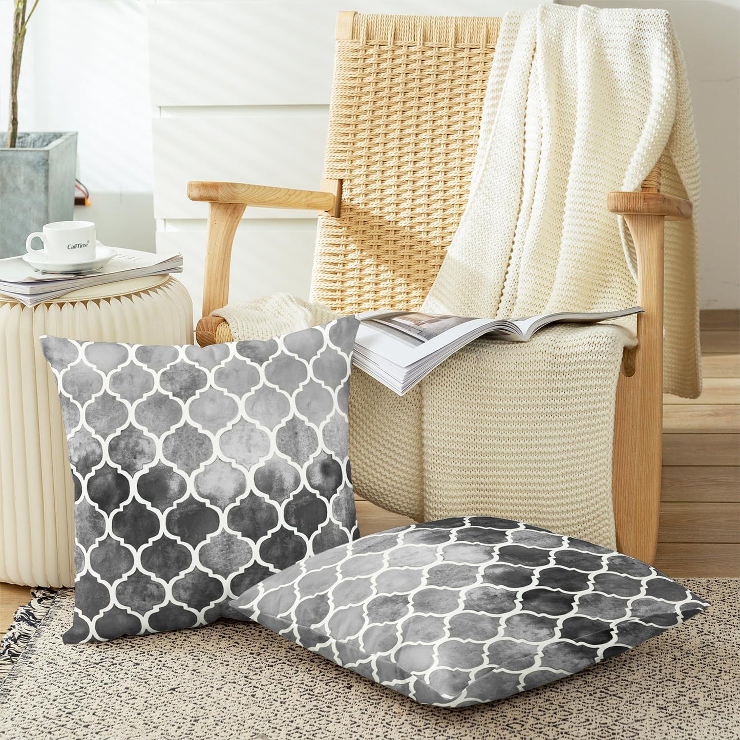 CaliTime Cushion Cover Pack of 2 Cosy Cushion Covers for Couch Bed Sofa Hand Painted Colourful Geometric Grid Chain Print 45 cm x 45 cm Main Grey Carbon