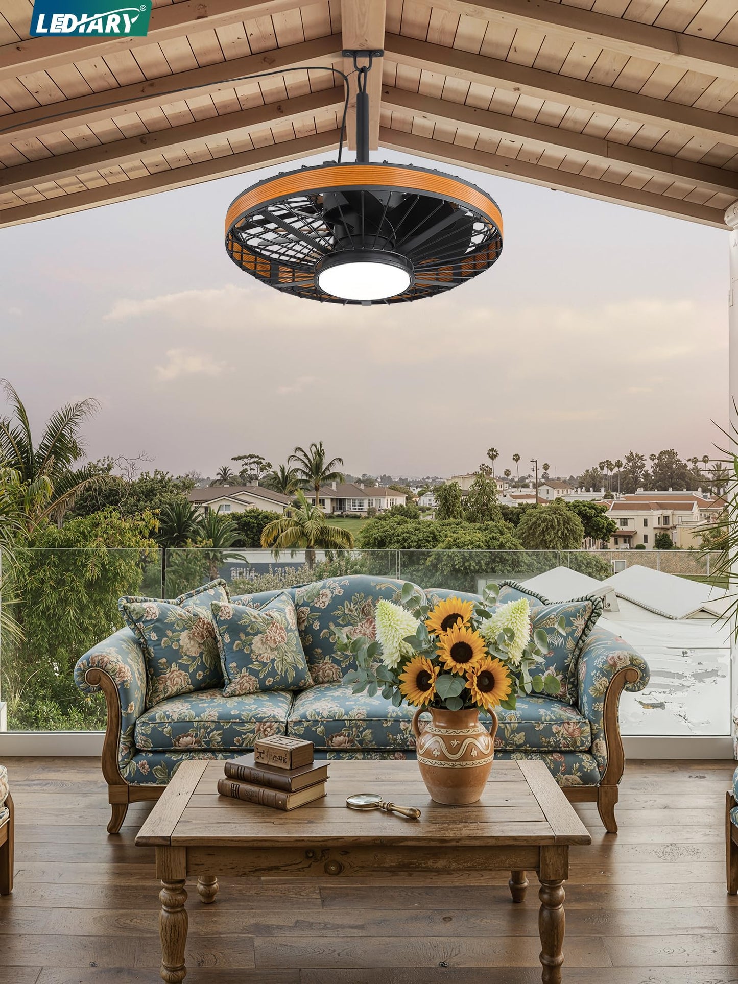 LEDIARY Outdoor Ceiling Fans with Lights, IP65 Waterproof Gazebo Fan with Hanging Hook,6 Speeds, 3CCT, 20 Inch Wet Rated Plug in Ceiling Fan for Patios,Porch, Pergola,Canopy, Brown