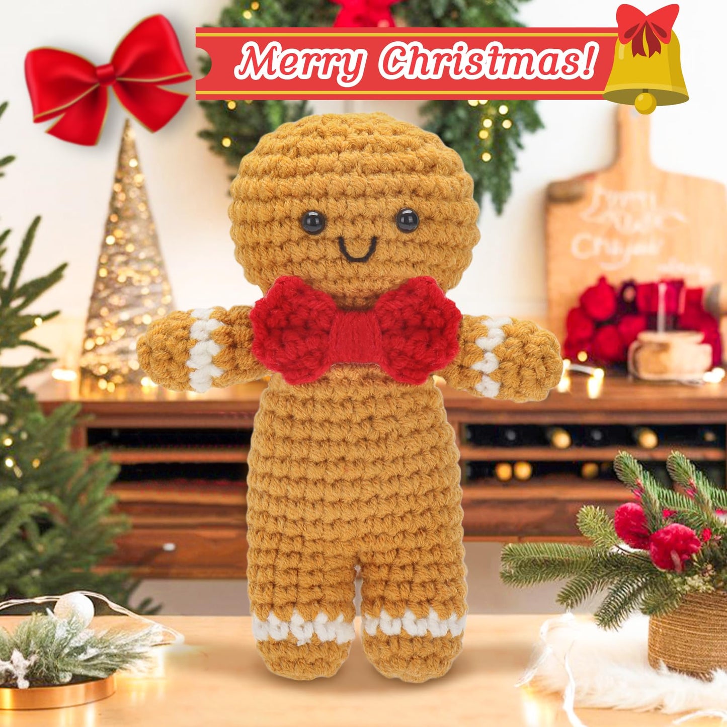 A AIFAMY Positive Gingerbread Doll Funny Handmade Crochet Christmas Stuffed Animals with Affirmation Card for Christmas Decor Gag Gift