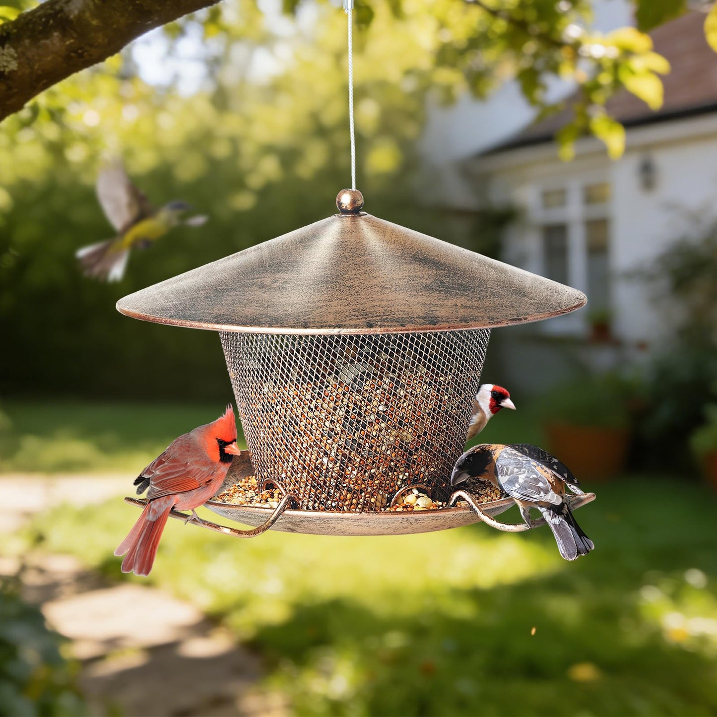 Samhe Bird Feeder for Outdoor, Rainproof Weatherproof Metal Hanging Wild Bird Feeder with 9.8" Roof 3 LBs Seeds Capacity, Easy to Clean & Refill