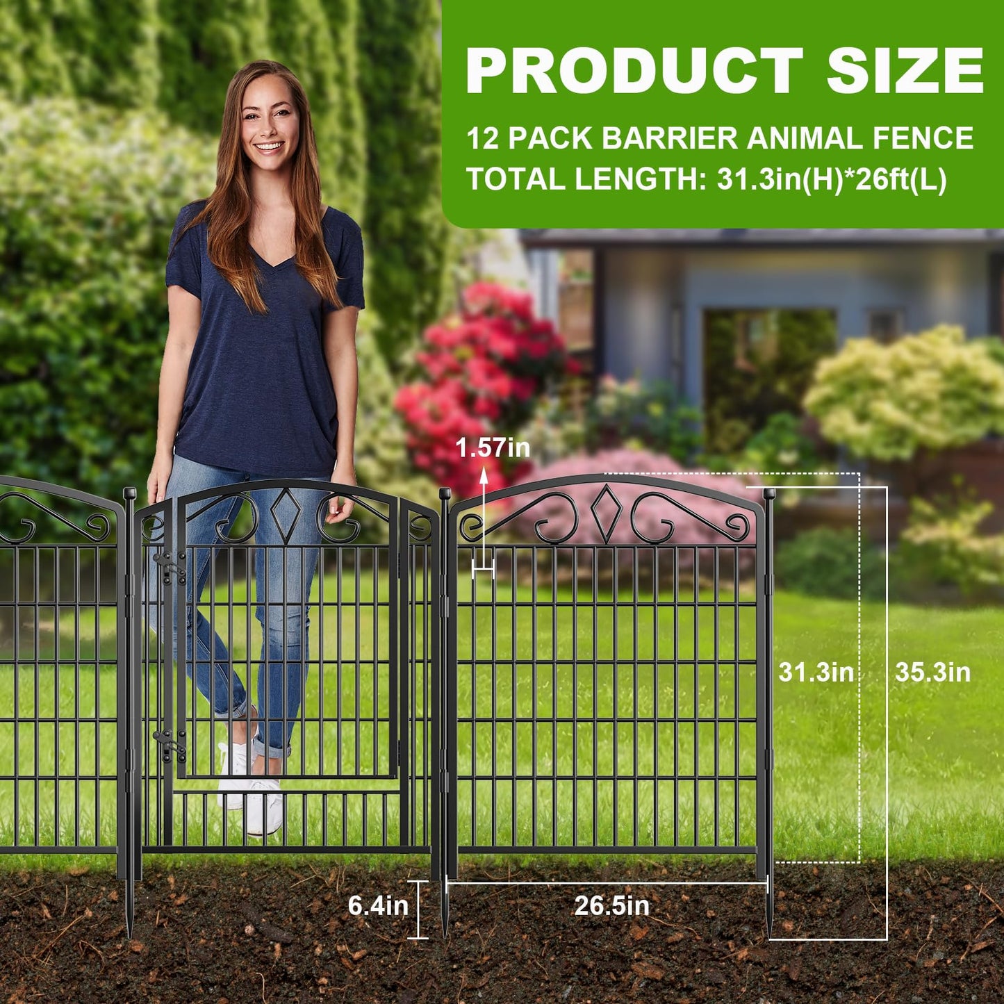 12 Panels No Dig Decorative Garden Fence with Gate, GATKITOM 31.3in(H) x 26ft(L) Rustproof Animal Barrier Metal Dog Fence Outdoor for Yard, Patio, Temporary Garden Fencing with Ground Stakes