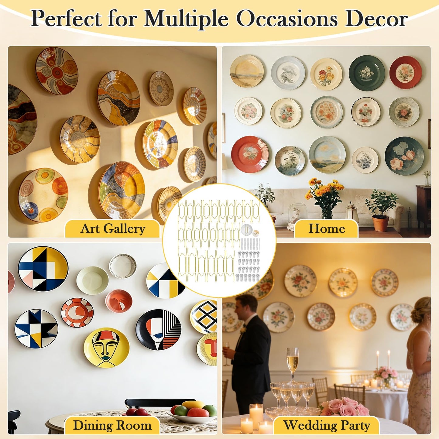 24 Pack Plate Hangers for Wall Display, 6/8/10/12 Inch Invisible Stainless Steel Plate Holders with Wall Hooks, Fit 5.5–12.5 Inch Decorative Plates, Plate Display Hangers for Home Wall Decor, Gold