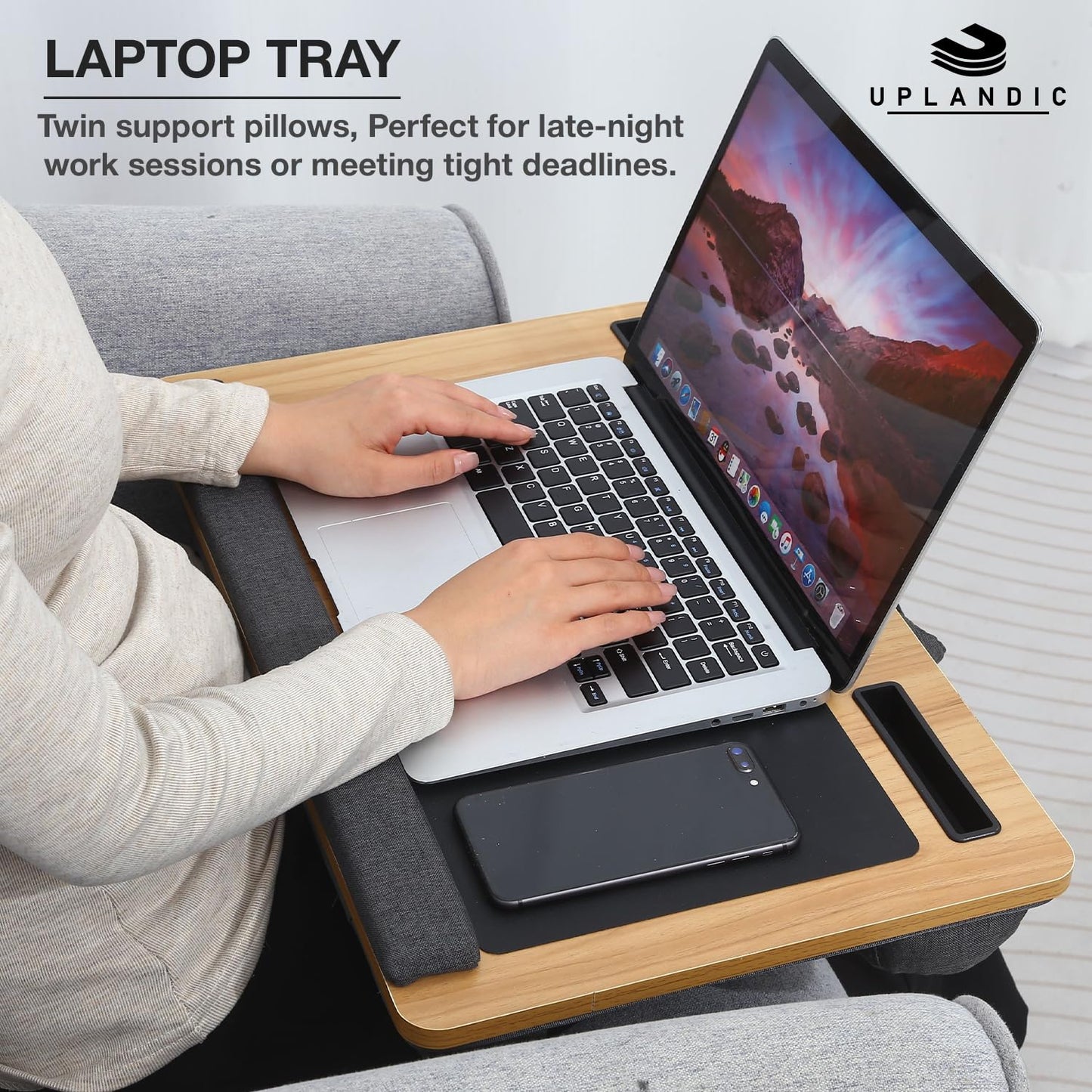 UPLANDIC Laptop Tray – Home Office Lap Desk with Built-in Mouse Pad, Wrist Rest & Phone Holder, Portable Laptop Stand with Cushion, Tablet Slot & Carry Handle, Ideal for Bed & Workspaces (Walnut)