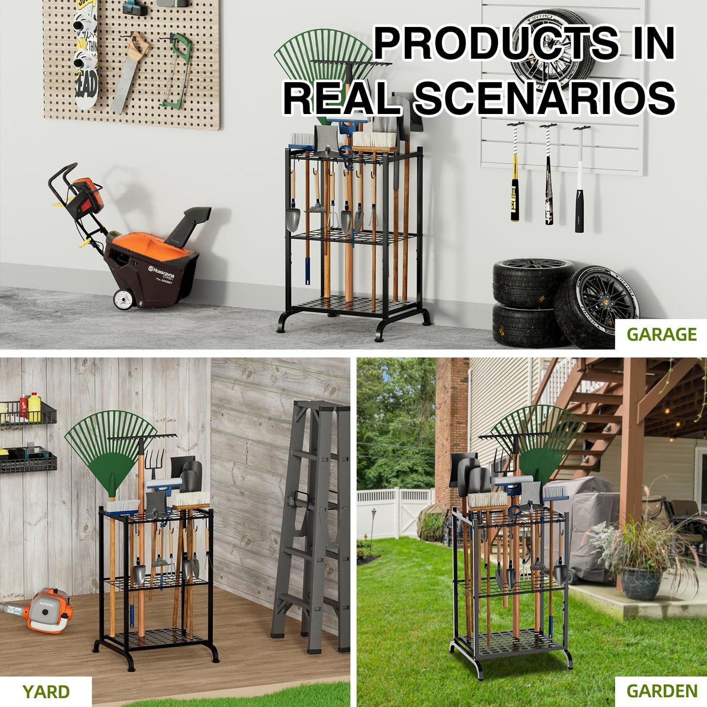 RANXFLOAT Garden Tool Organizer with Storage Hooks, Yard Tool Tower Rack for Garage Organization and Storage, Up to 35 Long-Handled Tools, Metal Tool Holder with 6 Hooks, Black