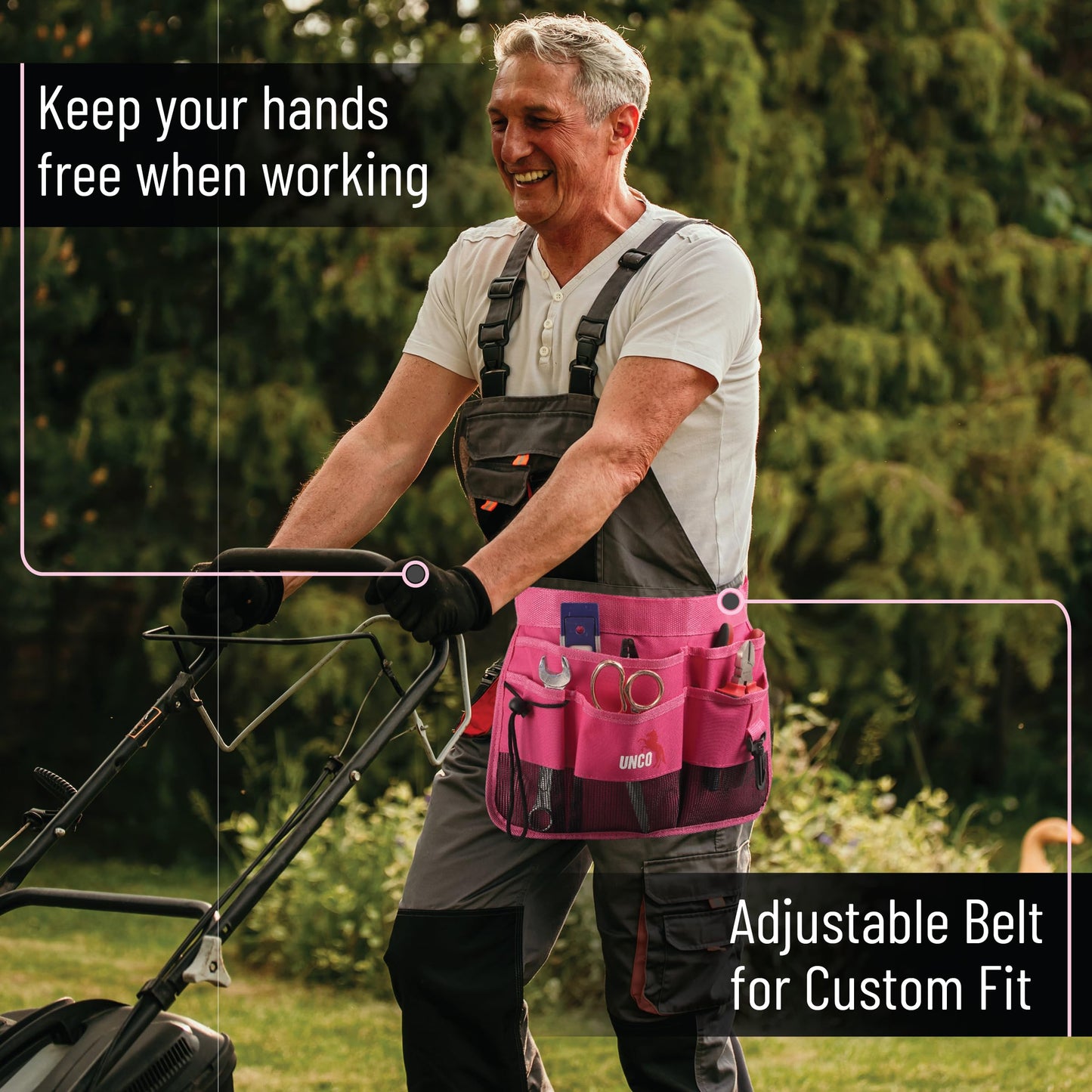 UNCO- Adjustable Gardening Belt, Pink, 7 Pockets, Wear, Cut and Water Resistant, Garden Tool Belt Pouch, Waist Apron with Pockets