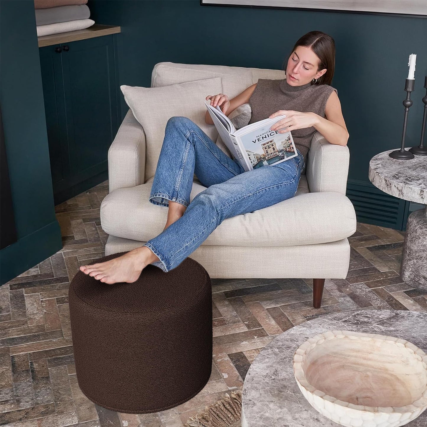 ZICOTO Beautiful Boucle Pouf Ottoman and Foot Rest - Elevate Your Living Room Decor with Lightweight Comfort and Charm - A Modern Foam Stuffed Poof Perfect to Rest Your Feet