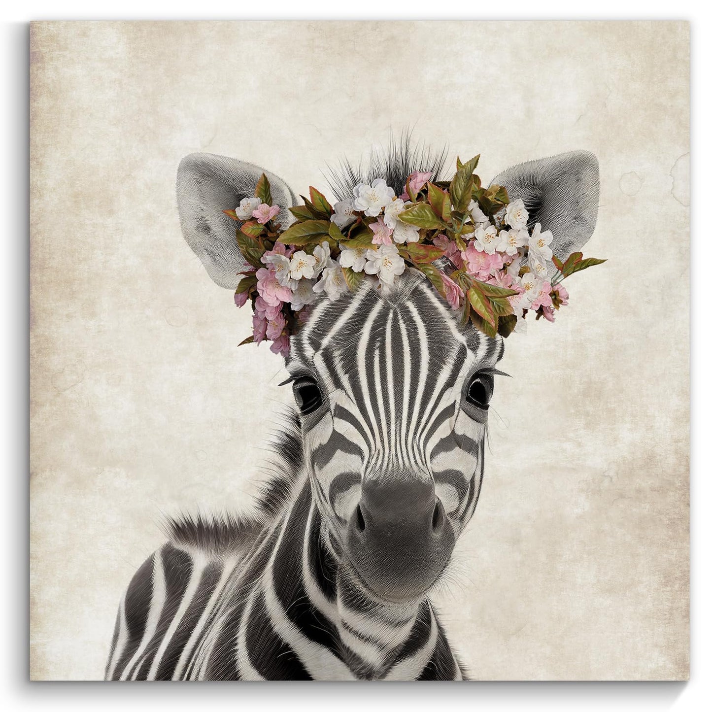 Framed Baby Nursery Wall Art Decor Cute Zebra with Garland Pictures Painting Retro Zebra Portrait Artwork Cute Safari Animals Prints for Kids Playroom Decoration Gifts for Boys Girls 12x12inch