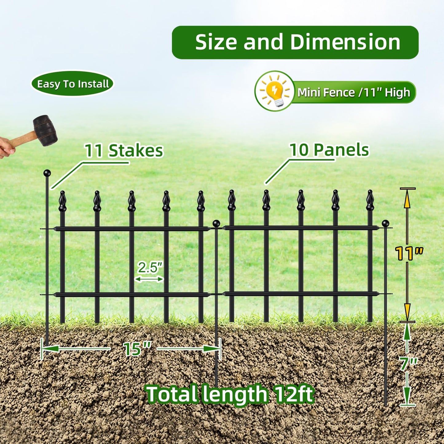 FOREHOGAR Decorative Metal Garden Fence 11in H x 12ft L, Small Border Fence Roman Column Deco, Garden Fencing for Flower Bed Lawn Landscape Outdoor, 10 Panels + 11 Stakes Black