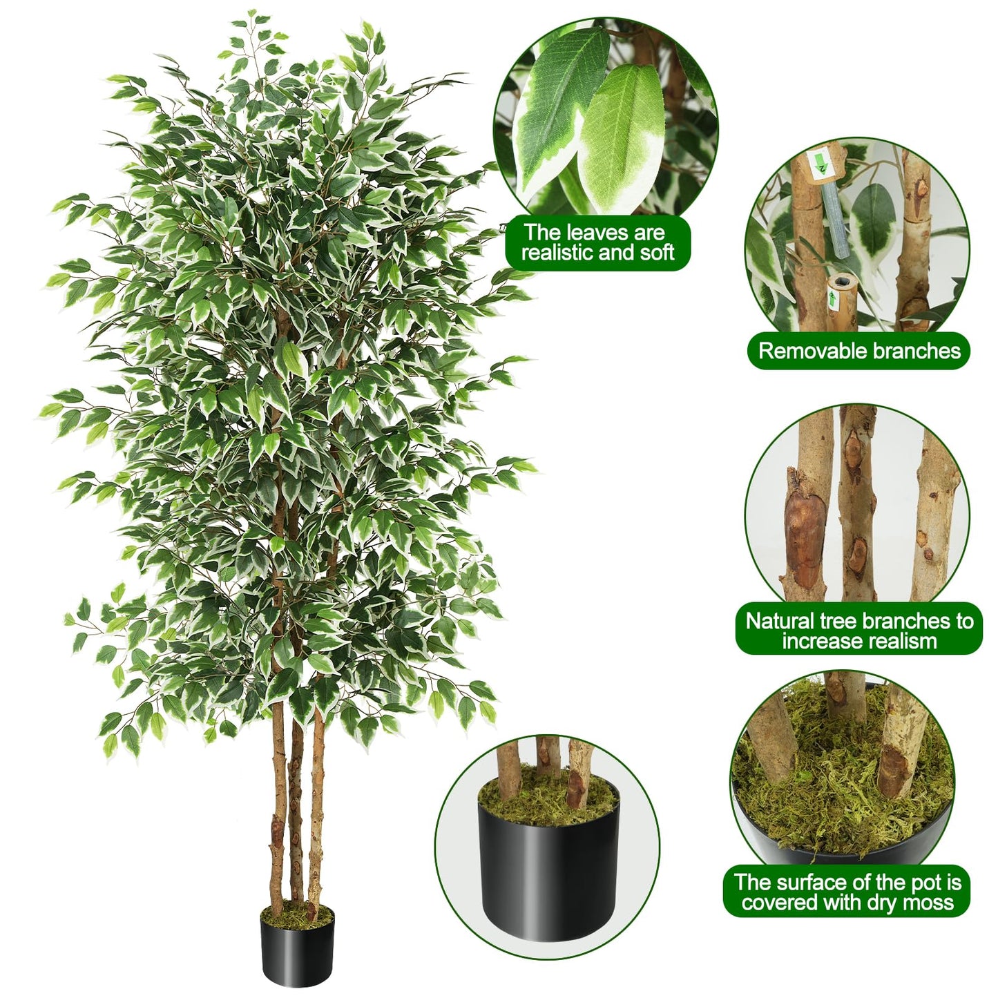 GTIDEA 7ft Ficus Artificial Trees, Tall Faux Trees Indoor with Natural Trunk and Fake Silk Tree Fake Plants for Home Decor Living Room Outdoor Balcony House Office (Included Dried Moss)