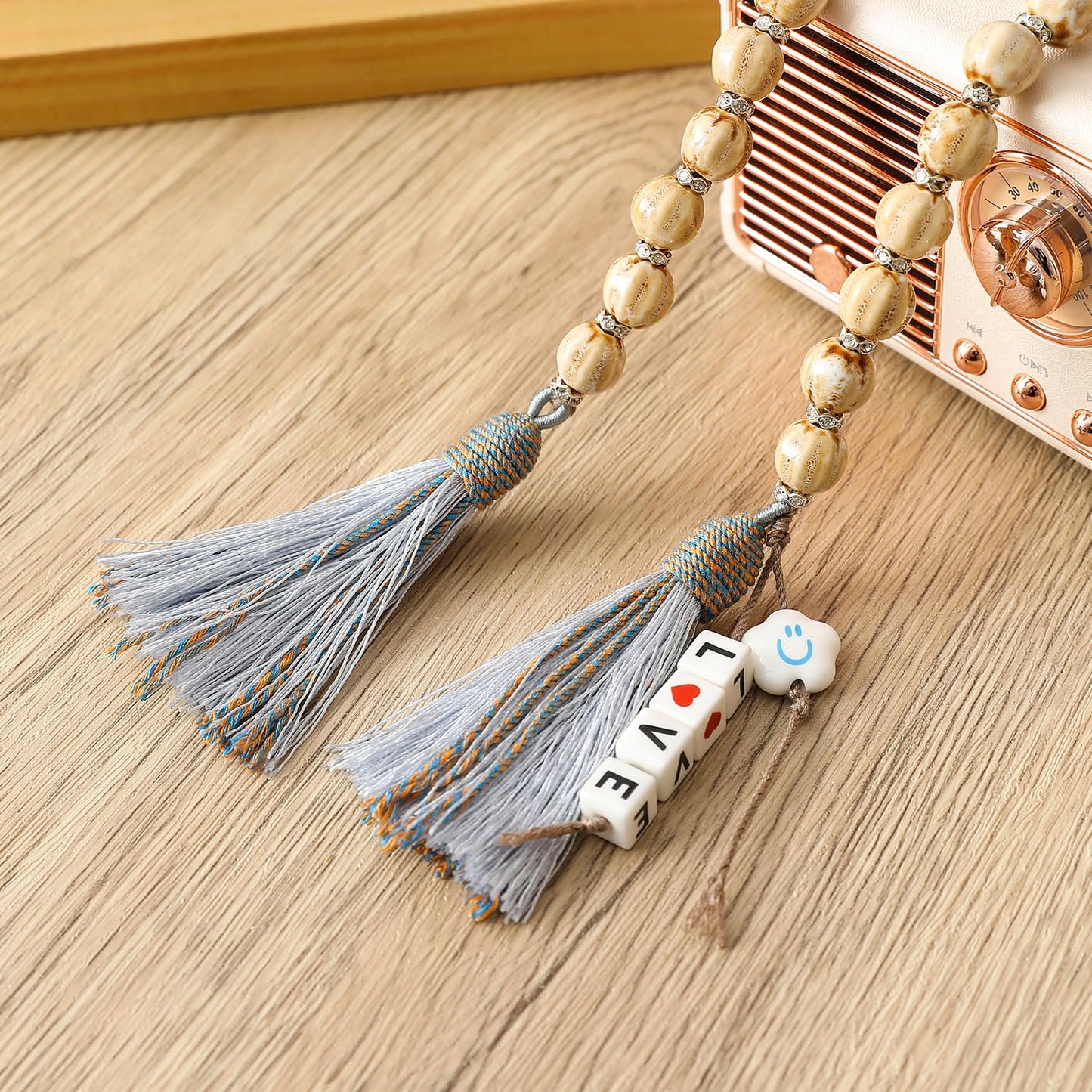50in Handcrafted Ceramics Beads Garland with Tassels Farmhouse Rustic Ceramic Prayer Bead String Wall Hanging Accent for Boho Home Festival Decor Beige Bead