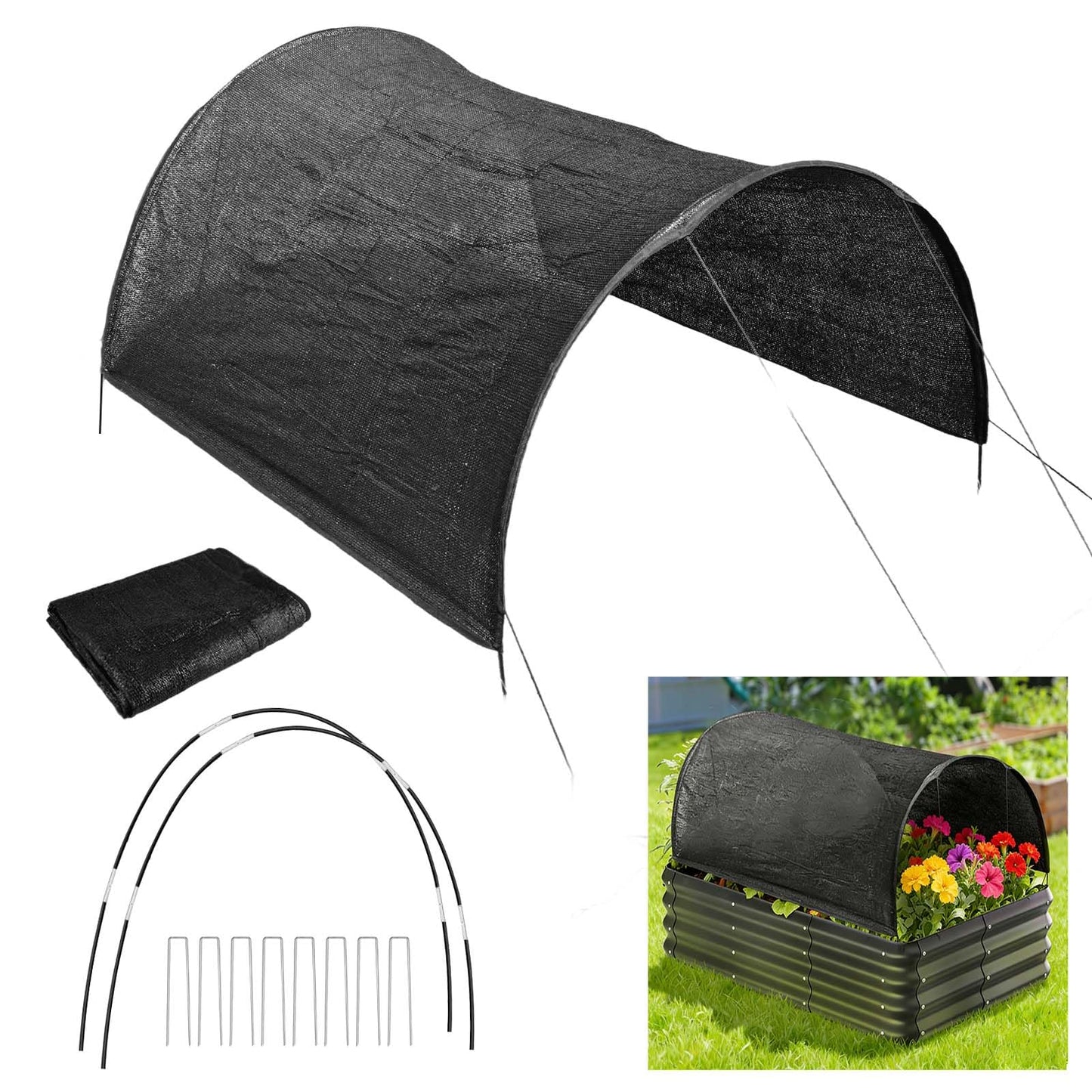Upgraded 4x2x1Ft Raised Garden Bed Sun Shade Kit – 70% Black Shade Cloth Plant Sunblock Cover with 7mm Thicker Foldable Fiberglass Poles, Pre-Assembled Tunnel with Stakes & Fixed Ropes for Raised Bed