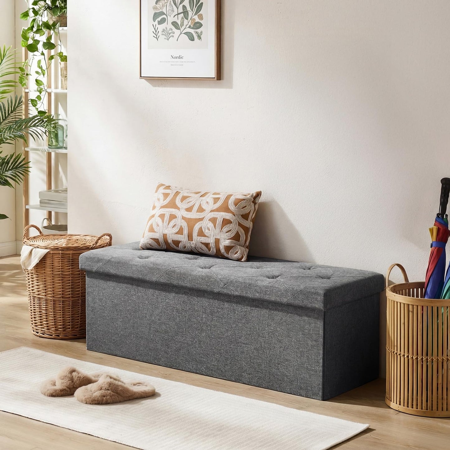DUMOS 43in Storage Ottoman Bench, Storage Chest, End of Bed Foot Rest Stool with Padded Seat, Bedroom Bench for Living Room, Support 660lbs, Grey