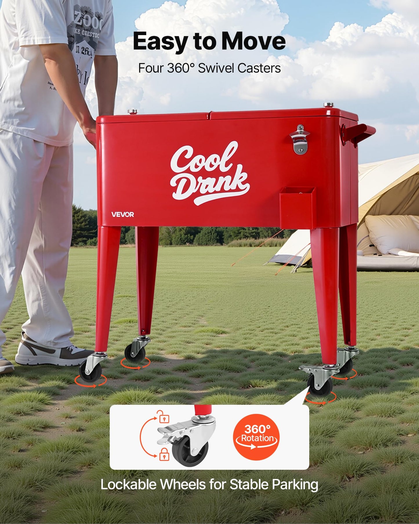 VEVOR 80 Quart Rolling Ice Chest, Holds up to 50 Bottles / 110 Cans, Portable Patio Party Bar Drink Cooler Cart with 4 Swivel Casters (2 with Brakes), Beverage Cooler Trolley with Bottle Opener, Red