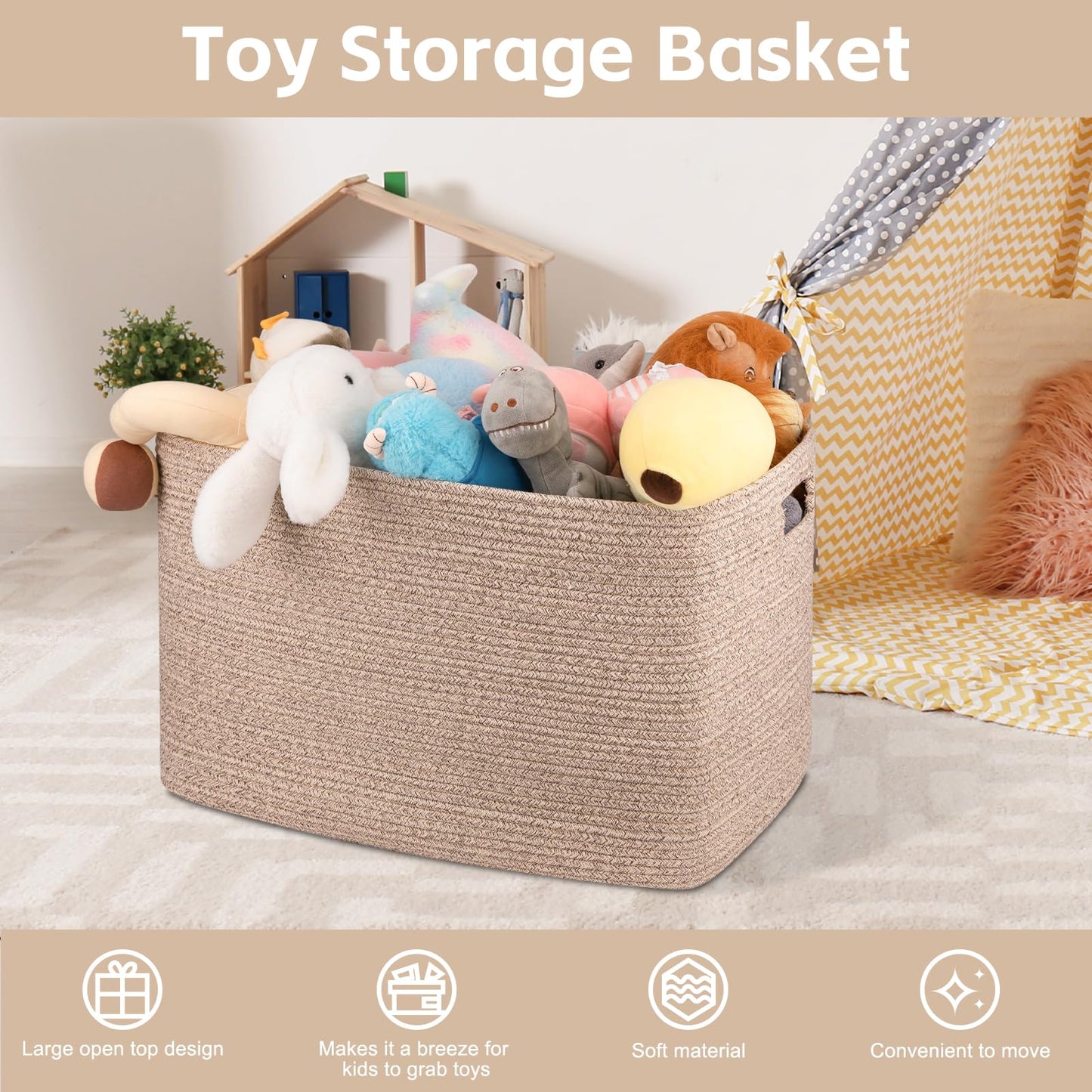 OIAHOMY 118L XXXLarge Cotton Rope Storage Basket, Oversized Blanket Basket, Used for Organizing Dirty Clothes in Living Room, Bedroom, Nursery, Dog Toy Storage Bins, 25" x 17" x 16",Brown variegated