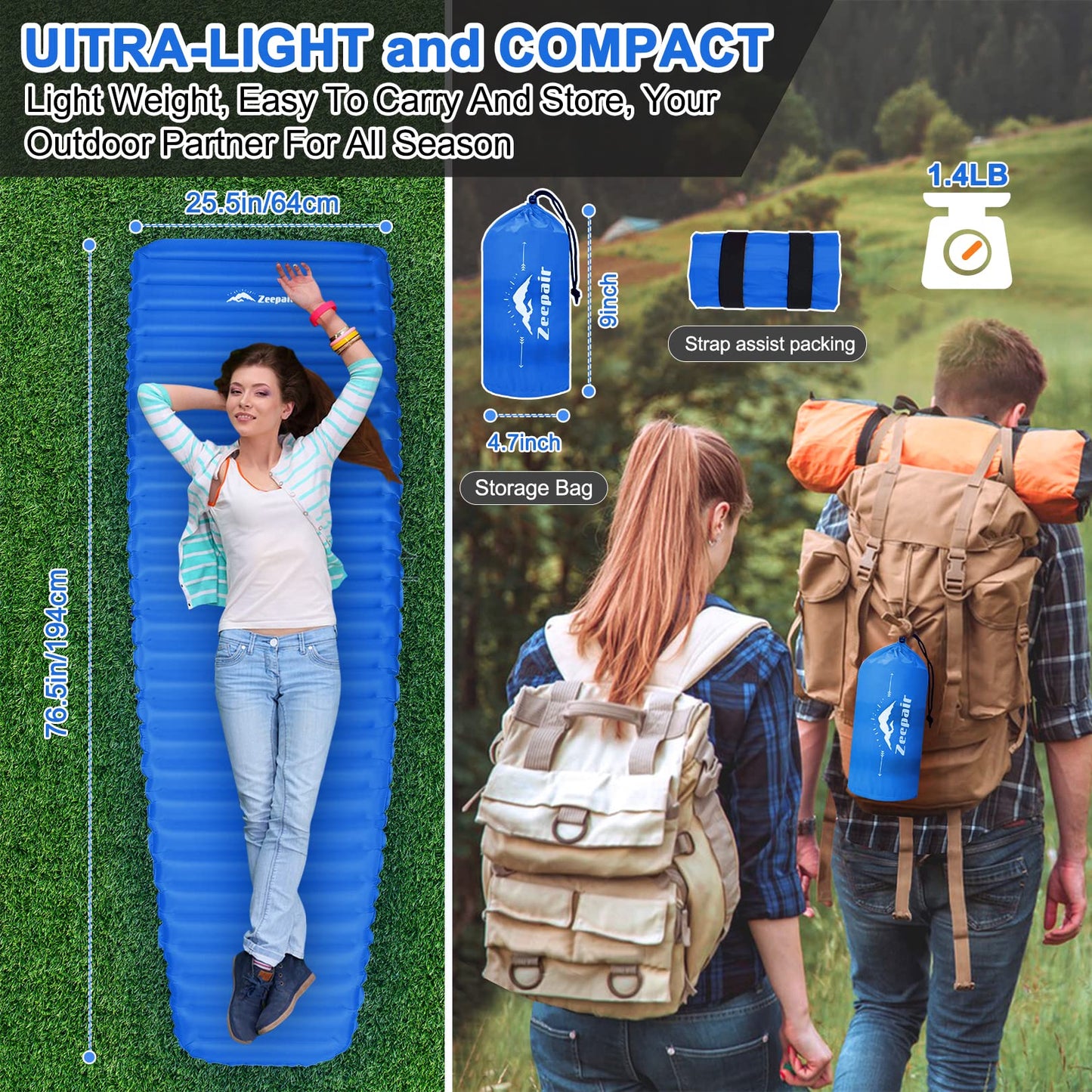Camping Sleeping Pad, Ultralight Waterproof Inflatable Sleeping Mat with Inflation Bag, Lightweight Portable Compact Air Mattress for Outdoor Backpacking Hiking Traveling Tent Use (Single, Blue)