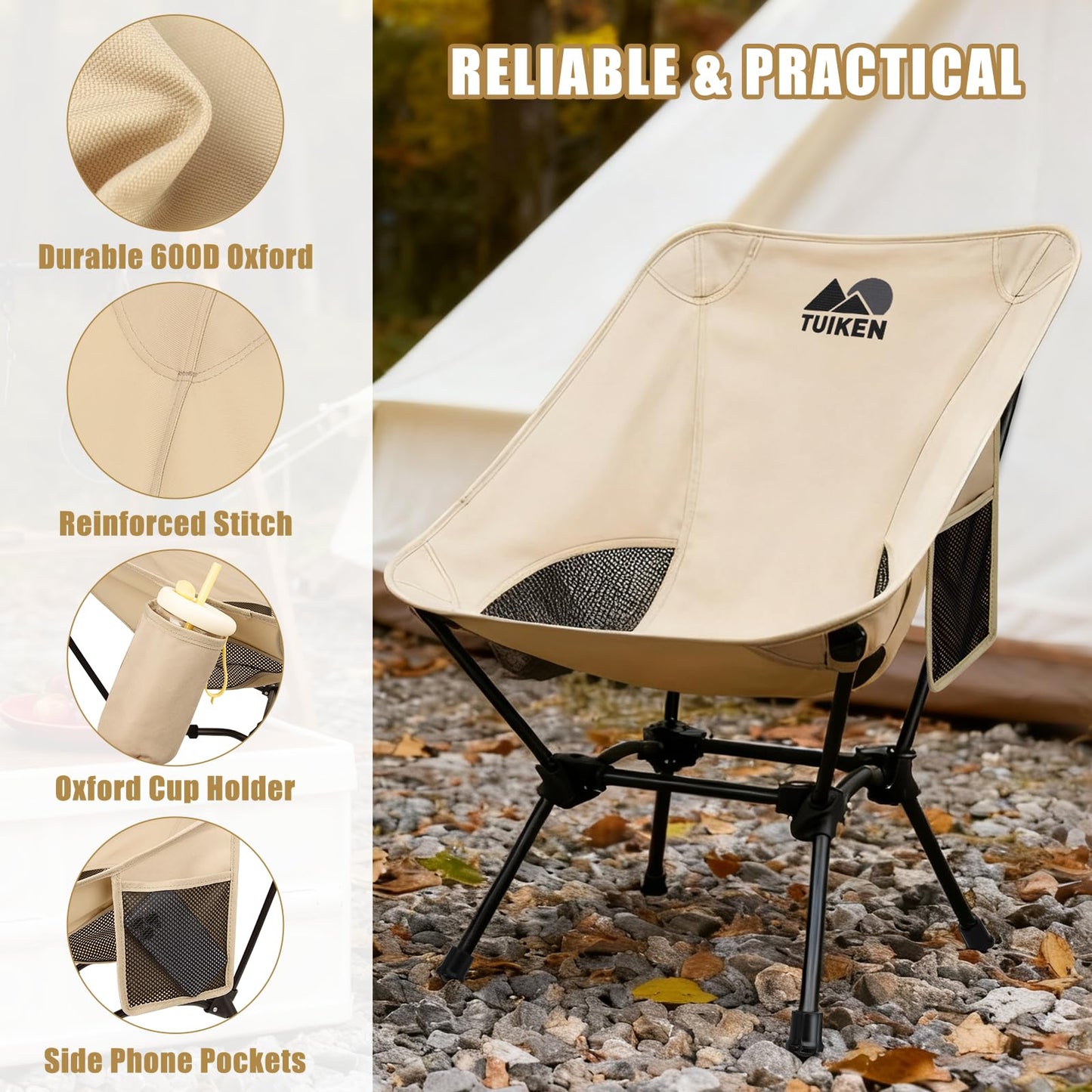 TUIKEN Ultralight Camping Chair Backpacking Chair, Portable Camp Chair with Cup Holder & Storage Bag, Lightweight Compact Folding Chair for Hiking, Travel, Picnic Mountaineering (Light Brown)