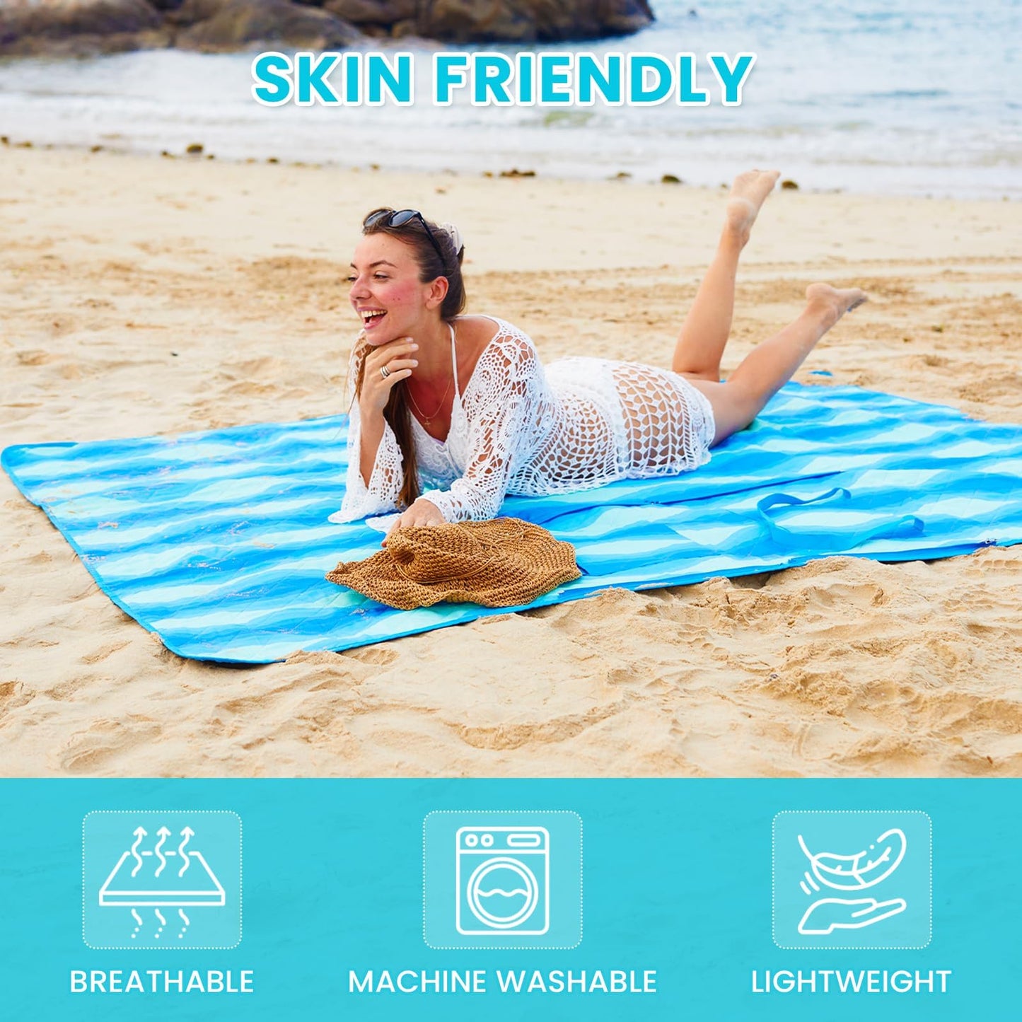 #WEJOY 3 in 1 Beach Blanket Waterproof Sandproof, Padded 3 Layers Outdoor Picnic Blanket Bag, 80x60'', 4 Person, Easy to Fold, Waterproof for Lawn,Camping, Park (Blue)