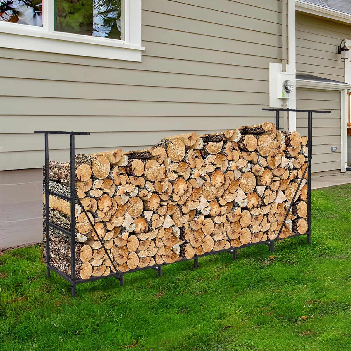 Vailge Firewood Rack Outdoor 8FT with Waterproof Firewood Carrier Bag, Adjustable Heavy Duty Steel Firewood Holder Storage, Log Rack for Fireplace, Fire Pit, Backyard, Camping