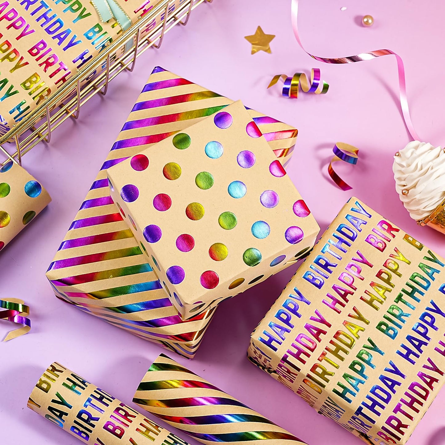 WRAPAHOLIC Kraft Birthday Wrapping Paper Roll - 3 Mini Rolls - 17 Inch x 120 Inch Per Roll - Rainbow Foi Happy Birthday Wrapping Paper for Boys Girls Kids, Baby Shower