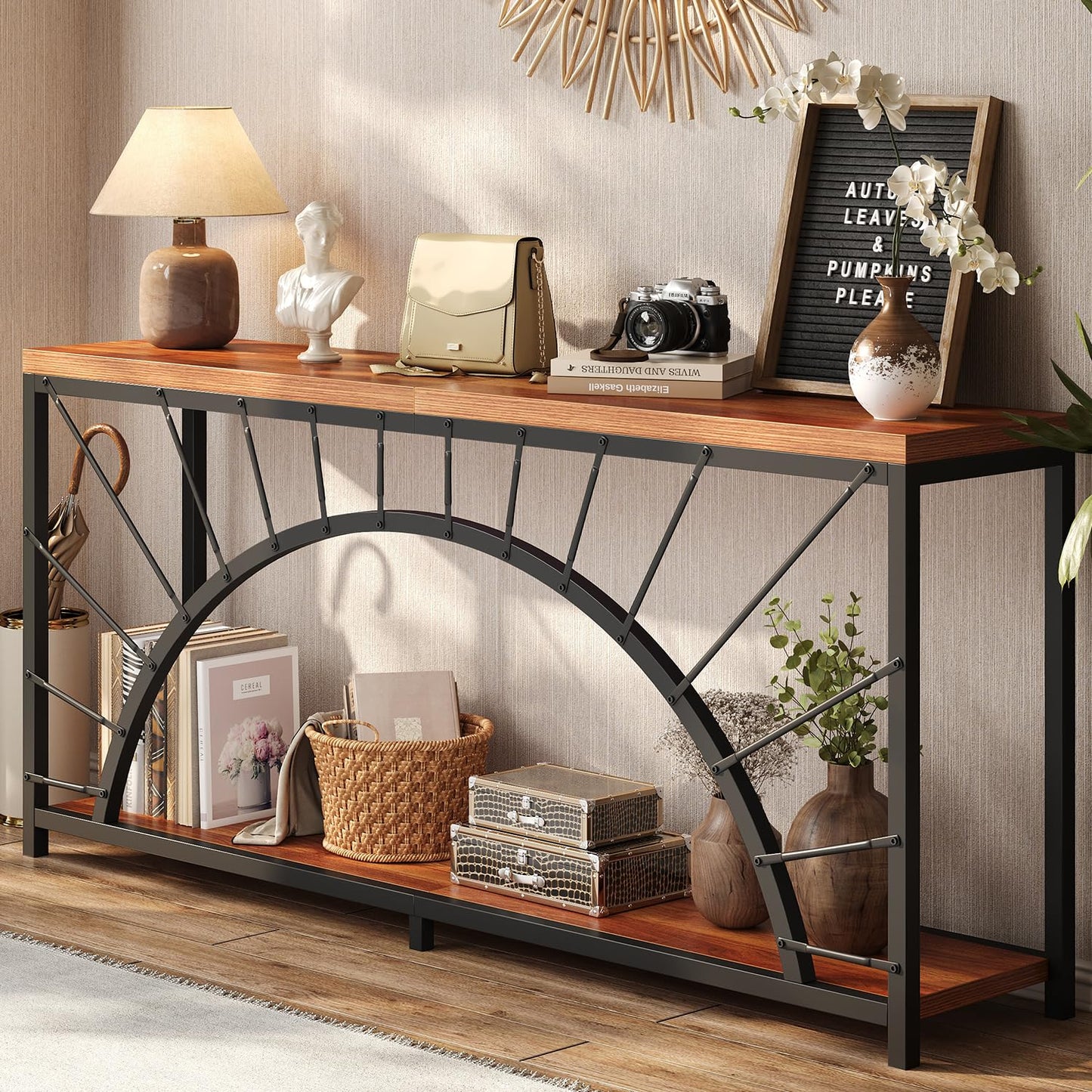 70.9 Inch Console Table, Extra Long Industrial Sofa Tables, 2-Tier Behind Couch Table, Foyer Tables for Entryway, Hallway, Living Room, Unique Design