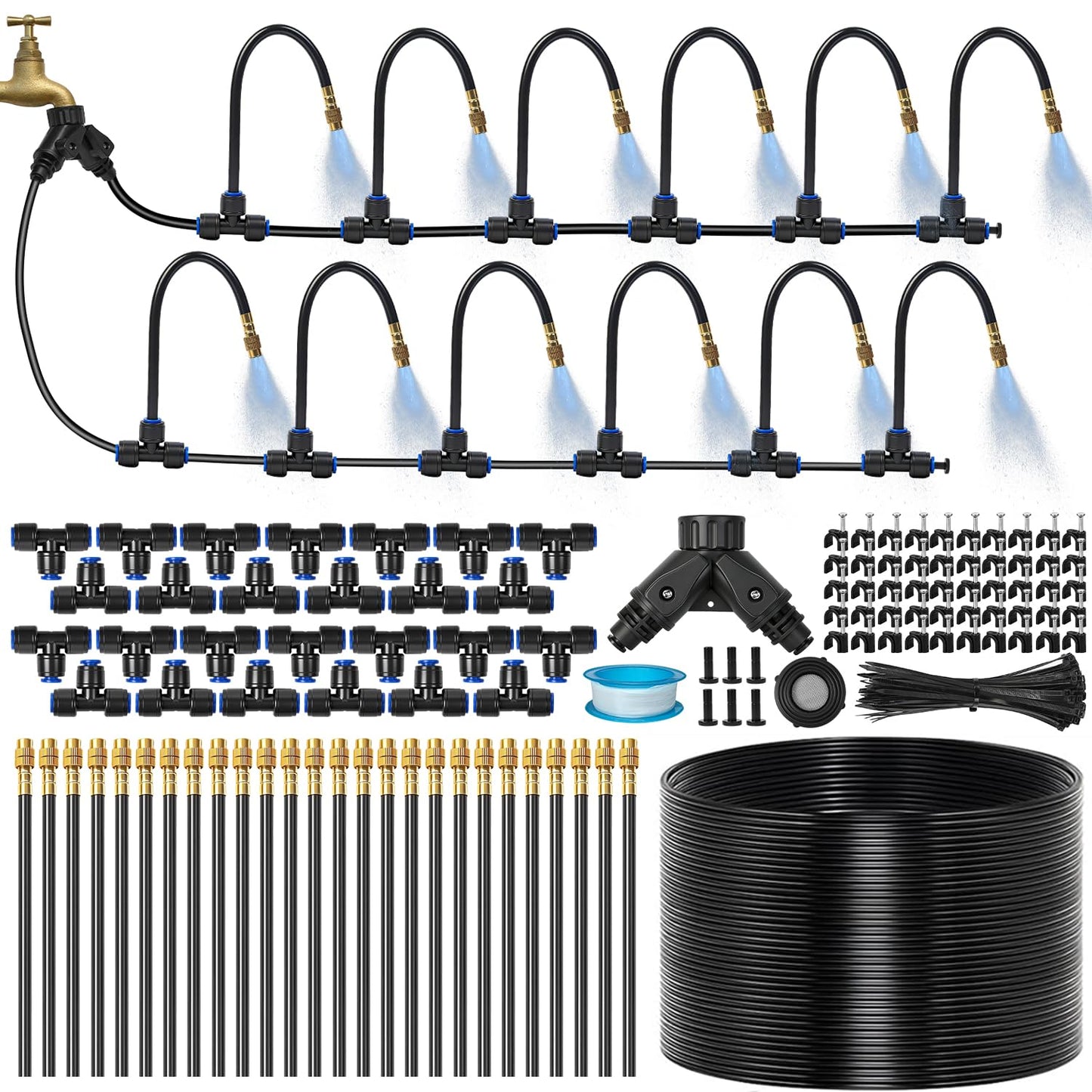 120Ft 1/4" Drip Irrigation System for Garden – 23 Adjustable Copper Nozzles, Automatic Atomizing Sprinkler System for Outdoor Plants Raised Bed, Yard, Potted Plants & Lawn