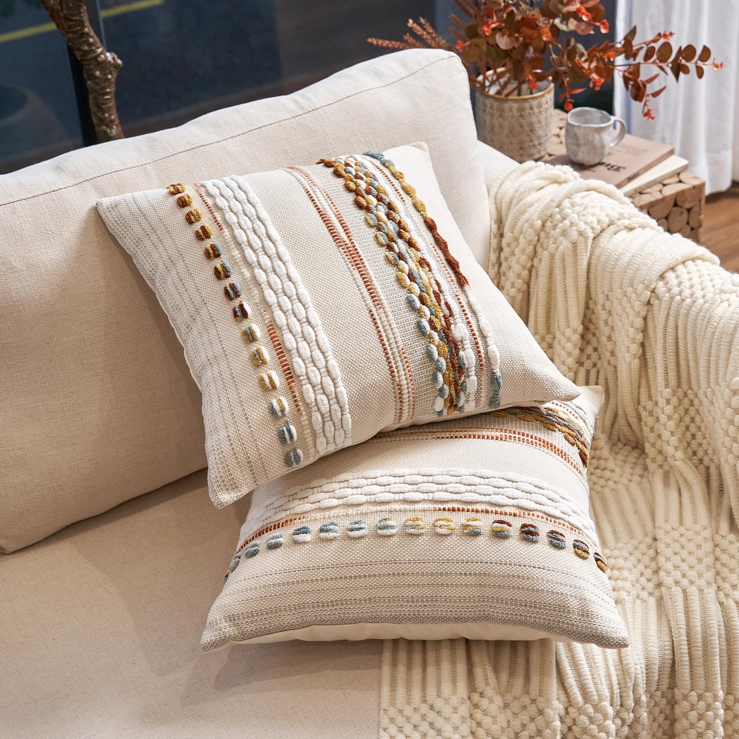 Aeckself Boho Throw Pillow Covers 18x18 Inch Set of 2, Farmhouse Decorative Striped Square Pillow Covers Chenille Tufted Pillow Cases Accent Neutral Pillowcase for Living Room Couch Bed, Orange White