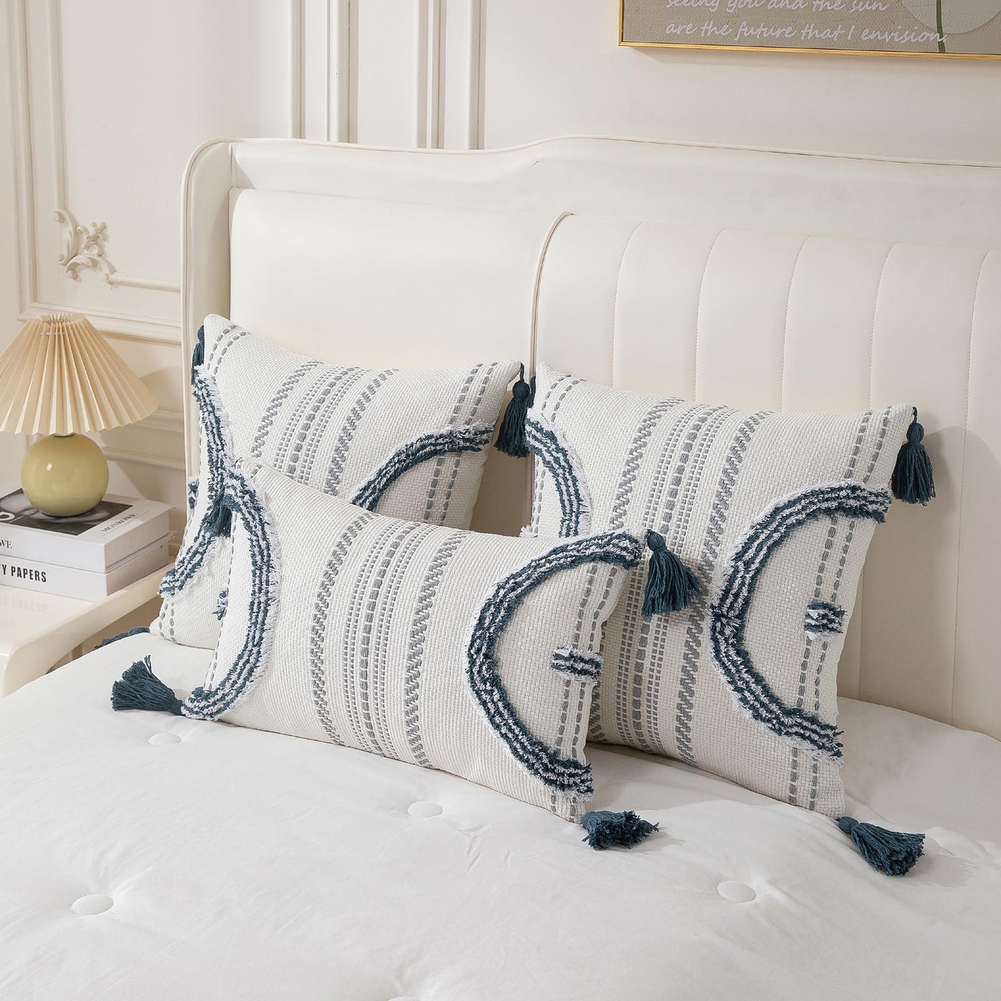 Boho Throw Pillow Covers 18x18 Set of 2 Cotton Woven Tufted Farmhouse Pillows Covers with Tassels Outdoor Neutral Navy Decorative Pillowcases Square Textured Accent Cushion Cases for Couch Bed Sofa