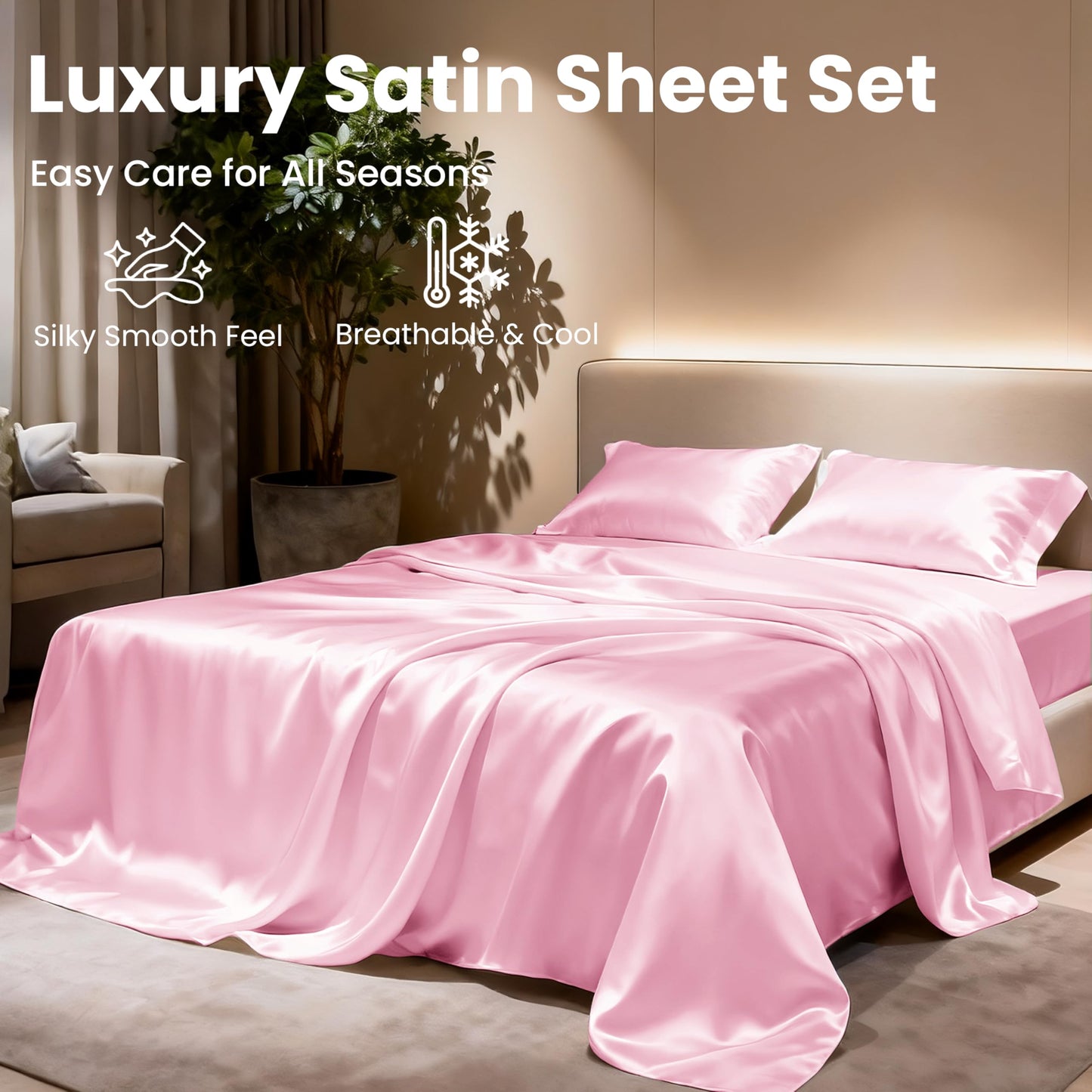 Love's cabin Satin Queen Sheets Set - 4 Piece Pink Silky Bed Sheets Set with Deep Pocket, Luxury Silk Feel Satin Queen Size Sheet Set (1 Flat Sheet, 1 Fitted Sheet, 2 Pillow Cases)