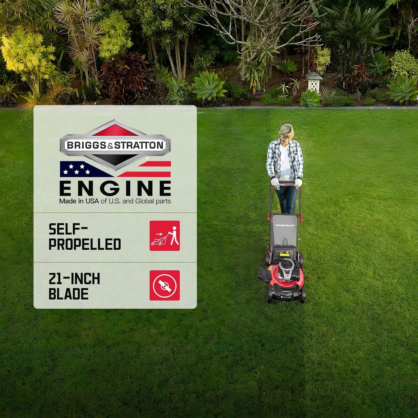 PowerSmart 21" Self-Propelled Lawn Mower with 140cc Briggs & Stratton Engine - Heavy-Duty Steel Deck, 6 Cutting Heights, 3-in-1 Mulching System